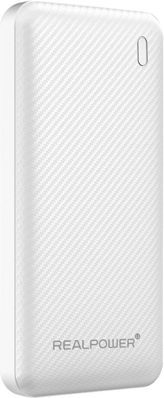 Batterie externe RealPower blanche avec une surface texturée et un petit indicateur LED vertical près du coin supérieur droit.