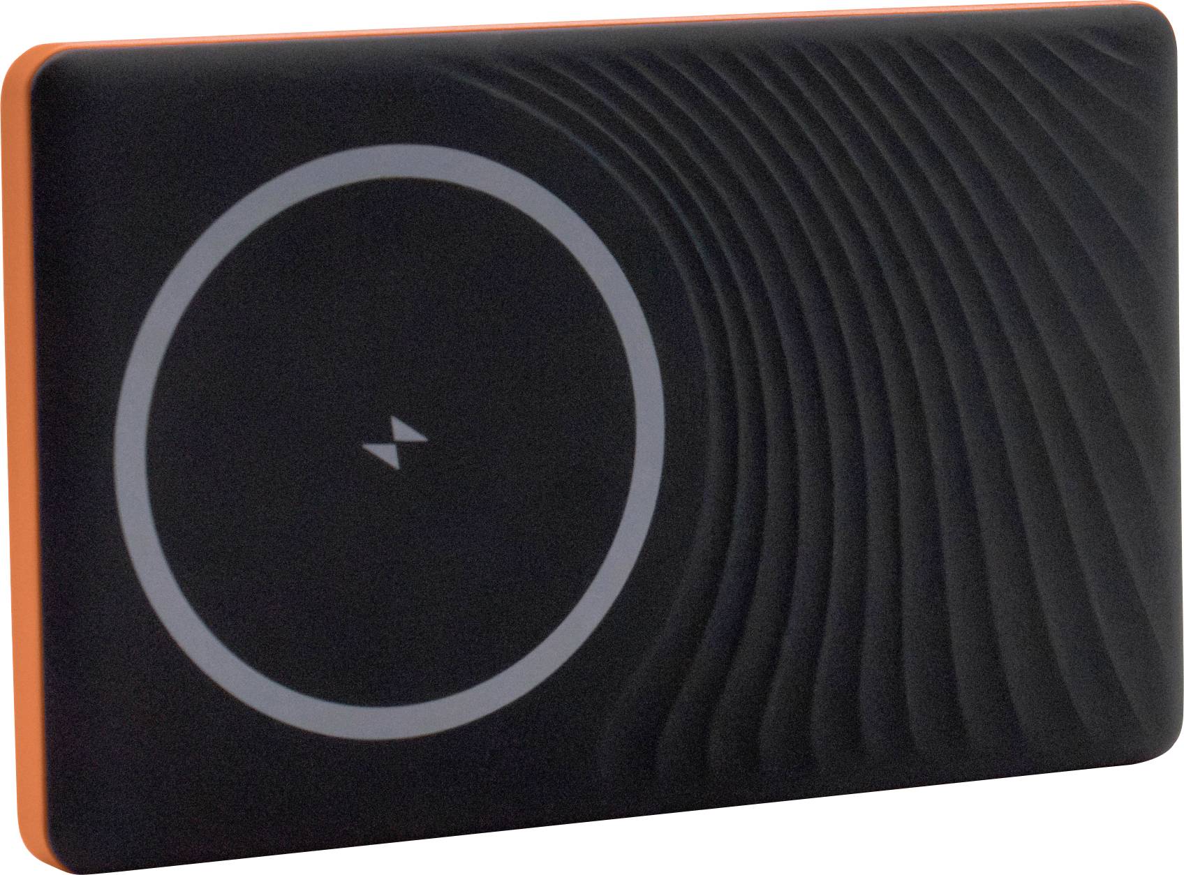 Appareil rectangulaire noir avec bordure orange, présentant une grande commande tactile circulaire sur la gauche et des rainures courbes ressemblant à des aérations sur la droite.