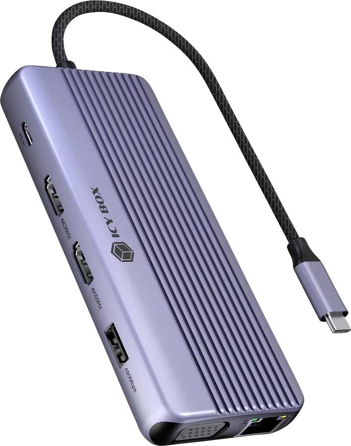 Moyeu USB-C argenté avec câble tressé, comportant plusieurs ports incluant USB-A, HDMI et alimentation sur un boîtier compact à rainures.