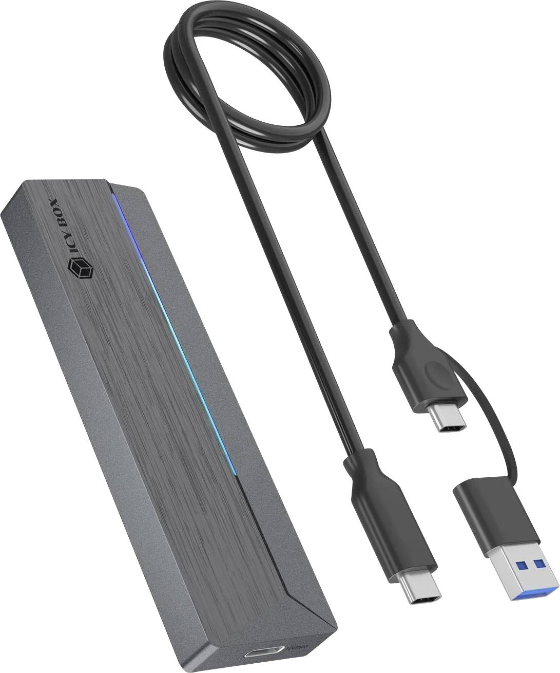 SSD externe portable avec câble USB-C et adaptateur USB-A, présenté sur un fond blanc.