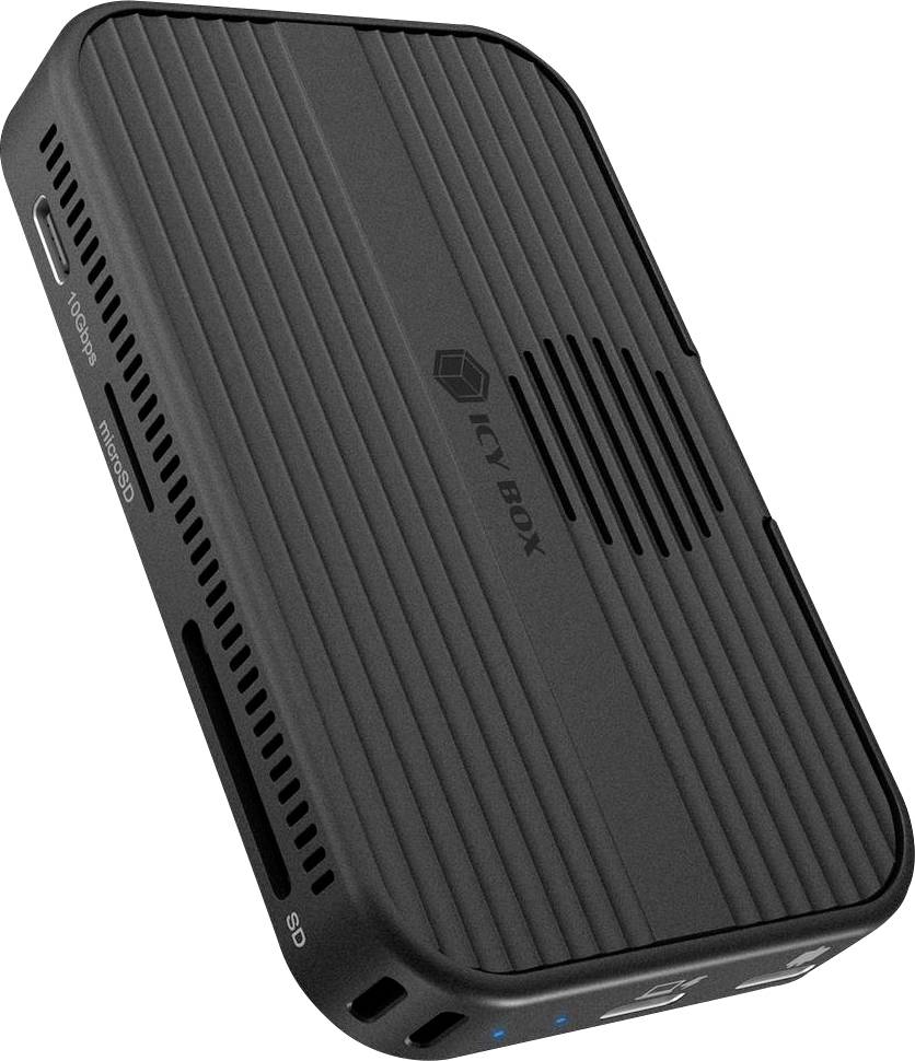 Boîtier externe Black Icy Box pour lecteur disque dur avec sommet nervuré, fentes de ventilation et étiquettes de cartes microSD/SD sur le côté.