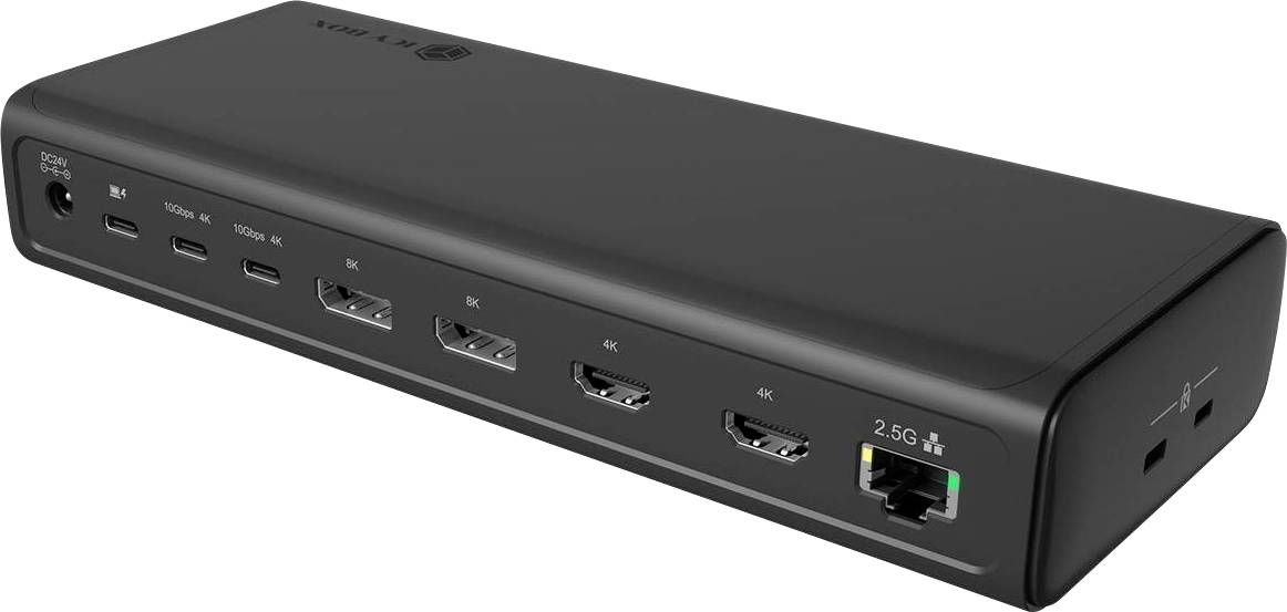 Concentrateur d'accueil multi-ports noir avec plusieurs ports USB et de style HDMI ainsi qu'une prise Ethernet 2,5G à l'avant, présenté sur un fond blanc.