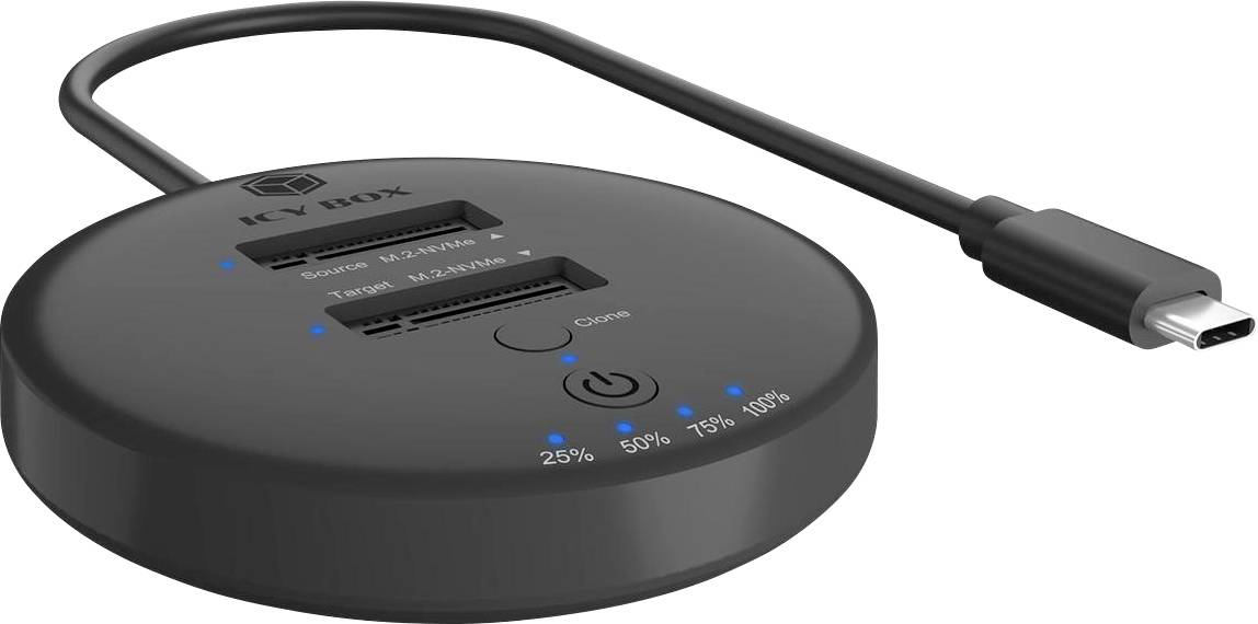 Hub d'accueil noir circulaire avec câble USB-C intégré, deux fentes pour cartes et indicateurs LED affichant les niveaux de batterie de 25 % à 100 % sur le dessus.
