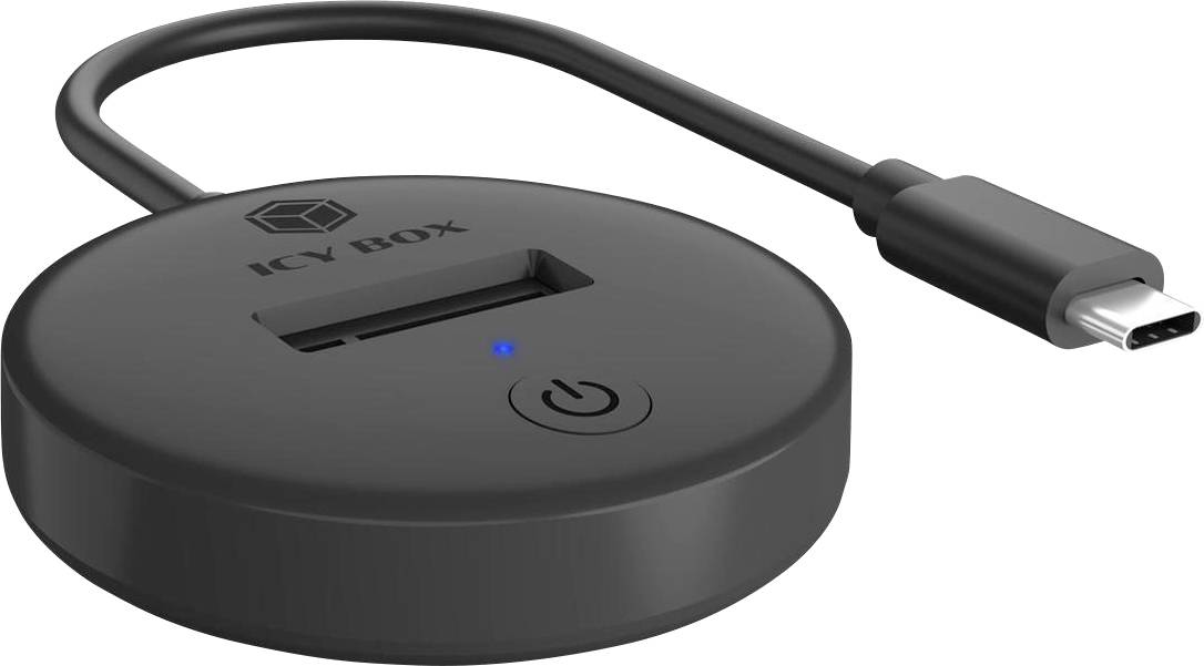 Socle adaptateur USB-C Icy Box noir et rond avec câble attaché, une prise USB-C, un voyant LED bleu et un bouton d'alimentation.