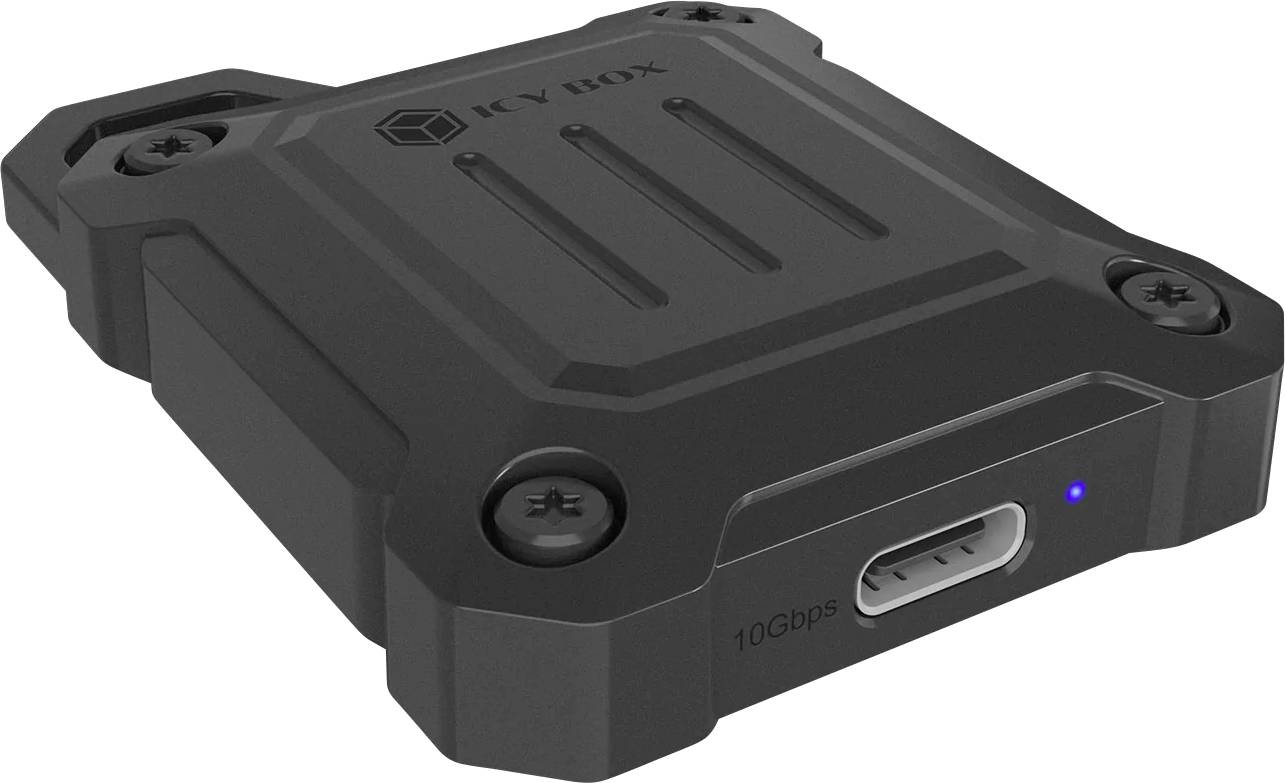 Boîtier SSD externe robuste et résistant avec port USB-C, LED de statut bleu et étiquette 10Gbps sur fond blanc.
