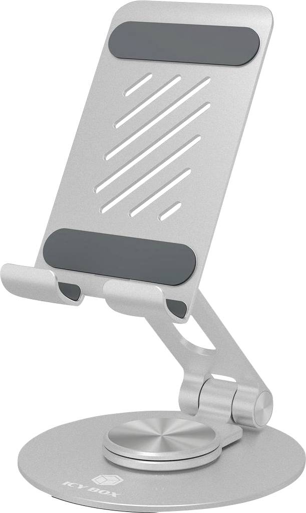 Support téléphonique réglable en argent avec dossier fendus et base ronde lestée, présenté en position repliée et inclinée.
