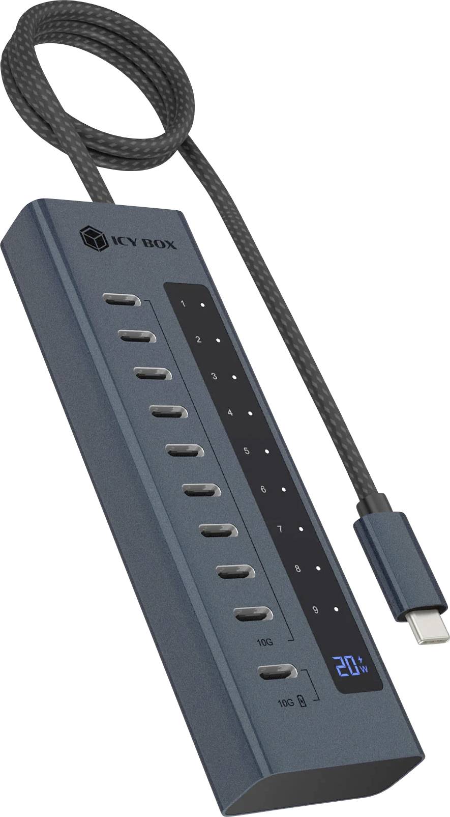 Concentrateur de charge USB-C portable avec plusieurs ports et un écran numérique d'indicateur de batterie affichant 20% de batterie restante.