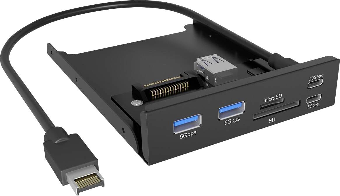 Station d'accueil USB-C avec câble attaché, montrant les ports avant : deux USB-A 5 Gbps, microSD, SD, HDMI 20 Gbps, et sortie USB-C 5 Gbps.
