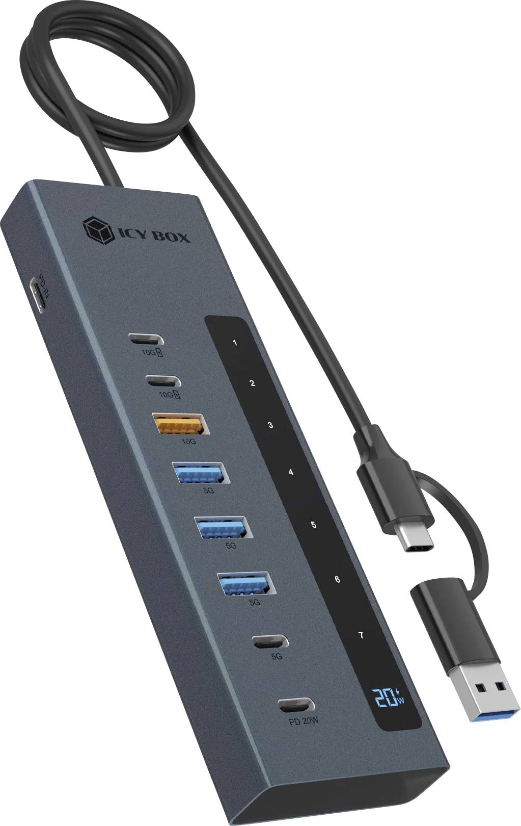 Concentrateur USB-C avec plusieurs ports et un écran numérique, présenté avec des câbles attachés et la marque ICY BOX.