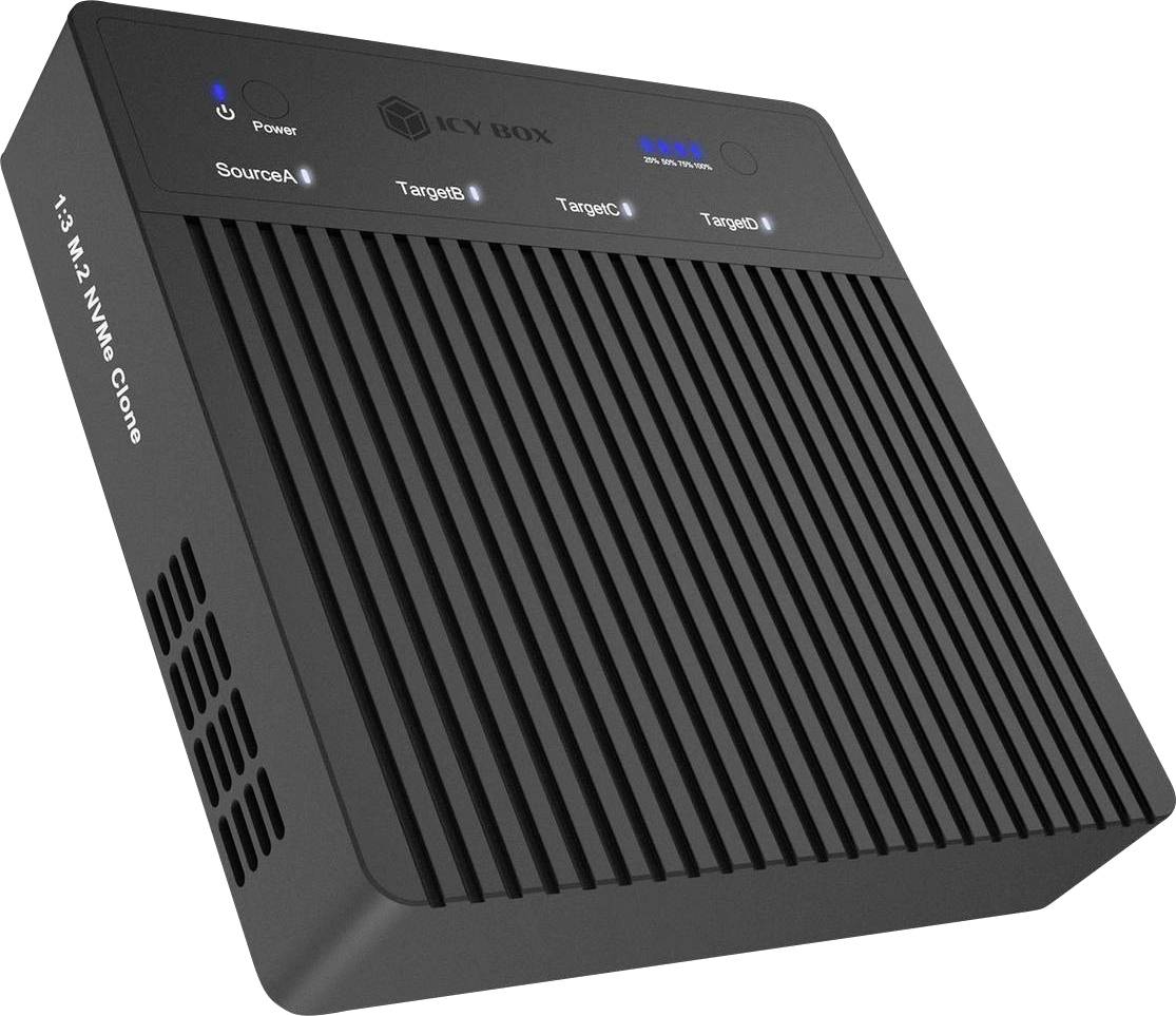 Station d'accueil de clonage NVMe 1 vers 3 Black avec alimentation et voyants d'état source/cible sur le dessus.