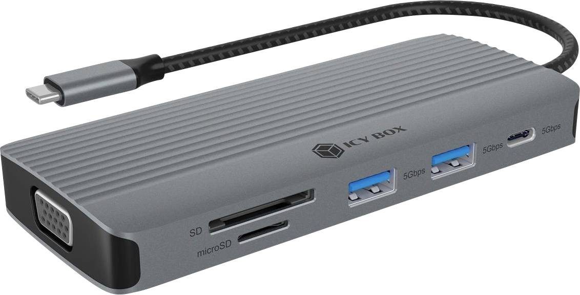 Concentrateur USB-C gris avec câble intégré, offrant des emplacements HDMI, SD et microSD, deux ports USB 3.0 et un port USB-C pour l'expansion d'ordinateur portable.