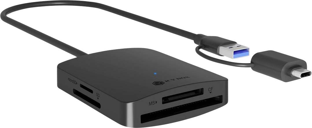 Concentrateur USB-C noir avec plusieurs emplacements pour cartes et ports, connecté par un court câble USB-C avec un adaptateur USB-A à l'extrémité.