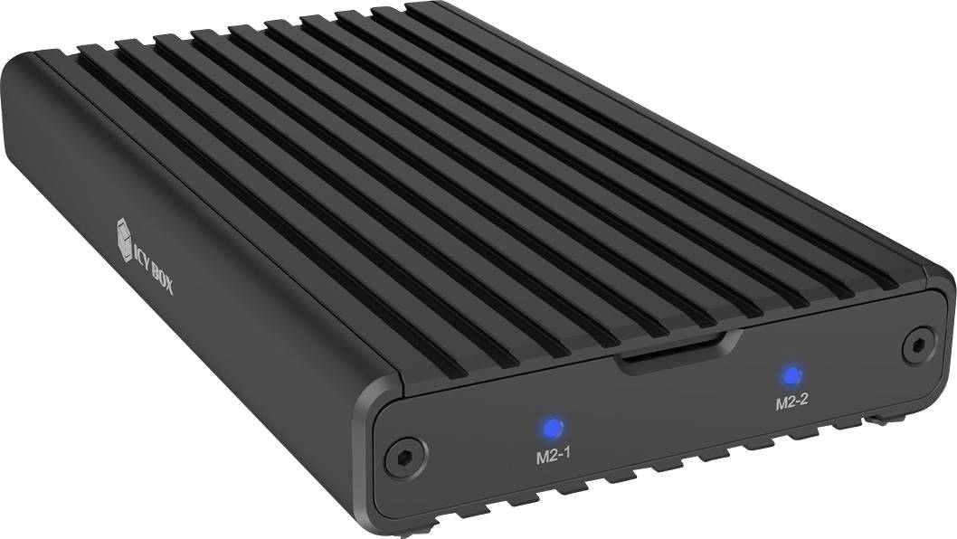 Boîtier SSD externe compact noir avec sommet à nervures, voyants d'état M.2-1 et M.2-2 bleus, présenté en vue de produit en angle.