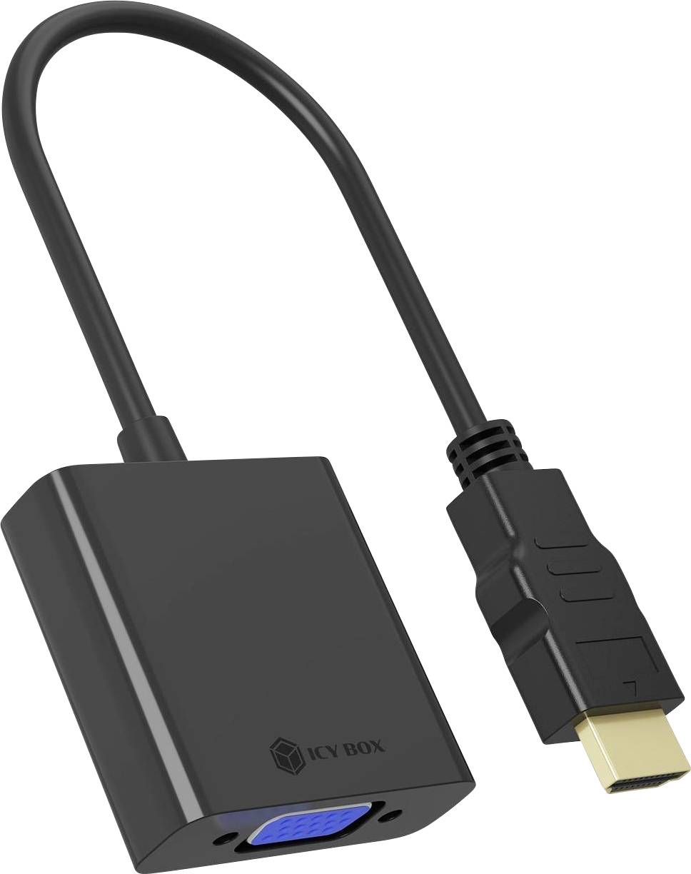 Adaptateur HDMI vers VGA noir avec câble HDMI intégré et port femelle VGA pour connecter les appareils HDMI aux écrans VGA.