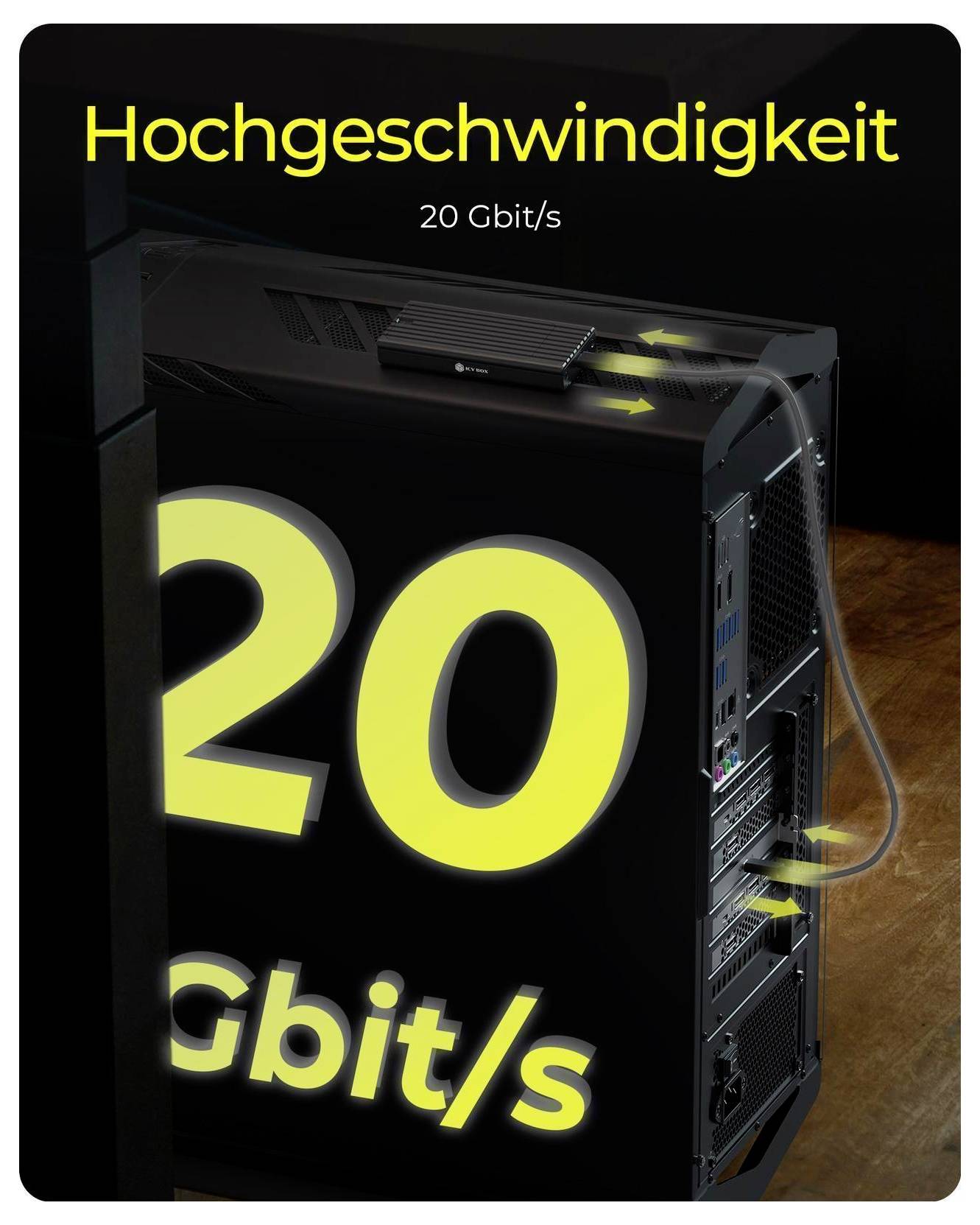 Promotional graphic showing a computer tower with network cables and the text 'Hochgeschwindigkeit' and '20 Gbit/s', emphasizing very fast data transfer.