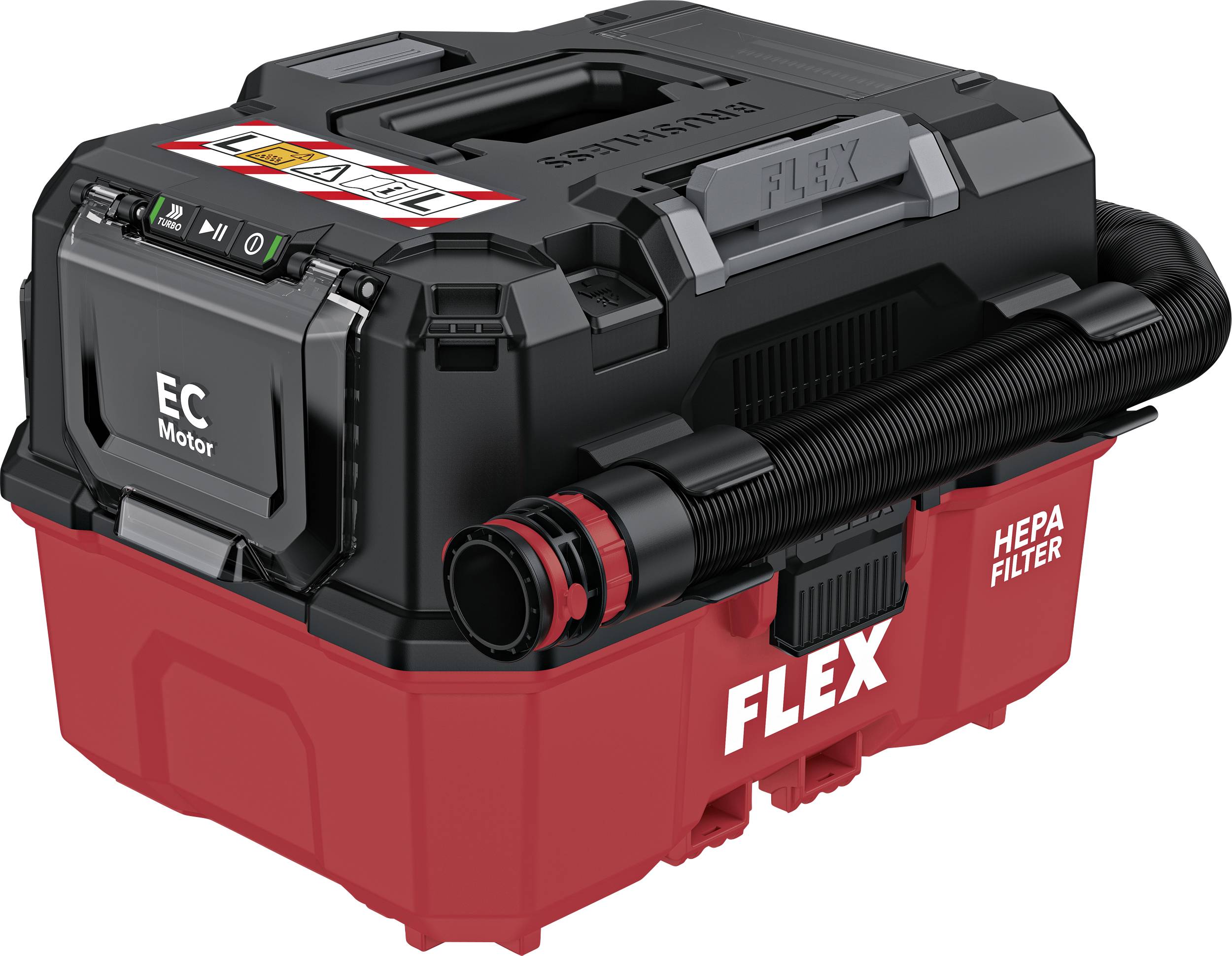 Aspirateur humide/sec FLEX noir et rouge avec filtre HEPA, étiquette du moteur EC et port de tuyau, présenté dans une vue de style produit.