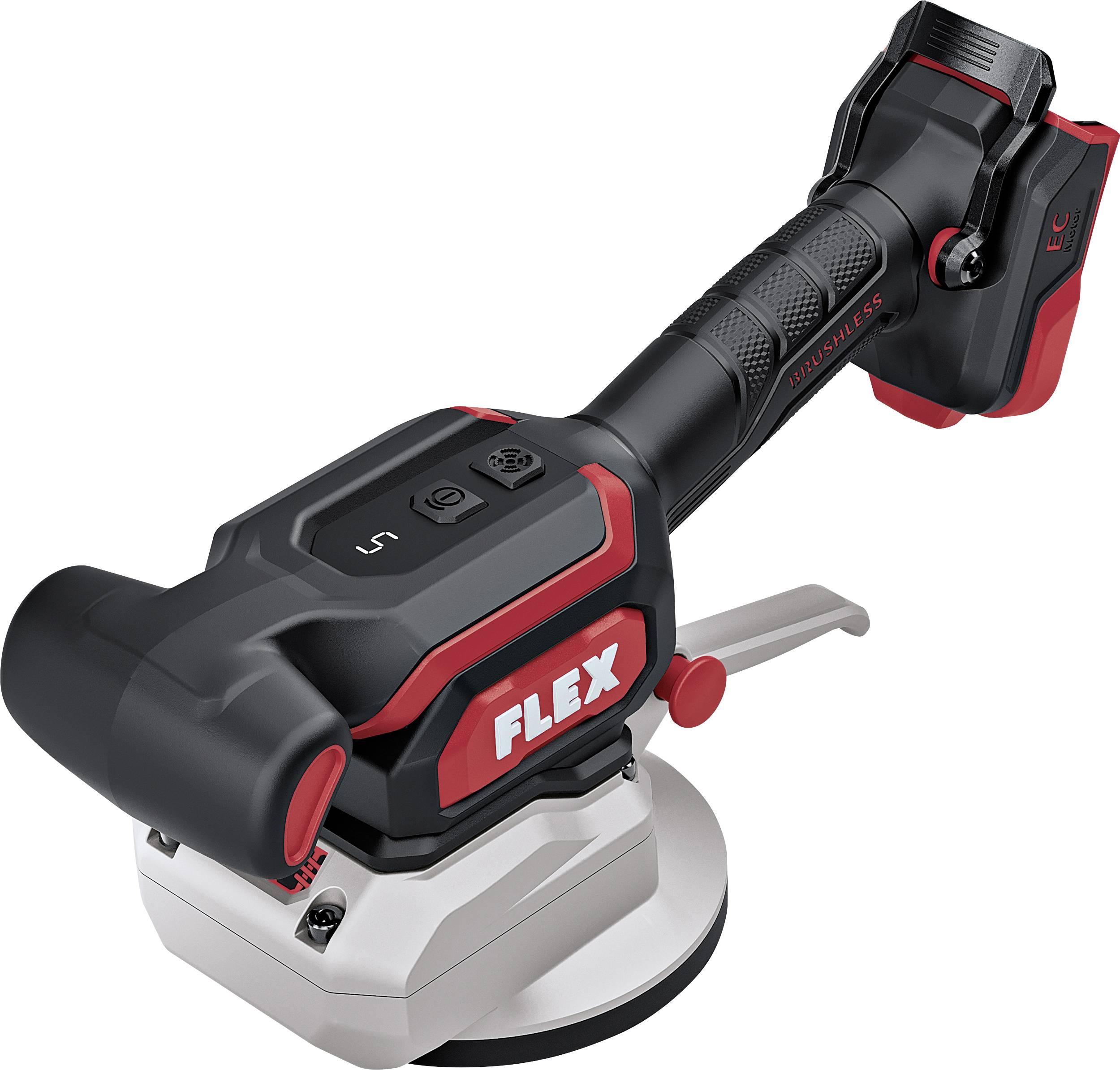 Polisseuse sans fil FLEX noir et rouge avec batterie et poignée latérale, présentée sur un fond blanc.