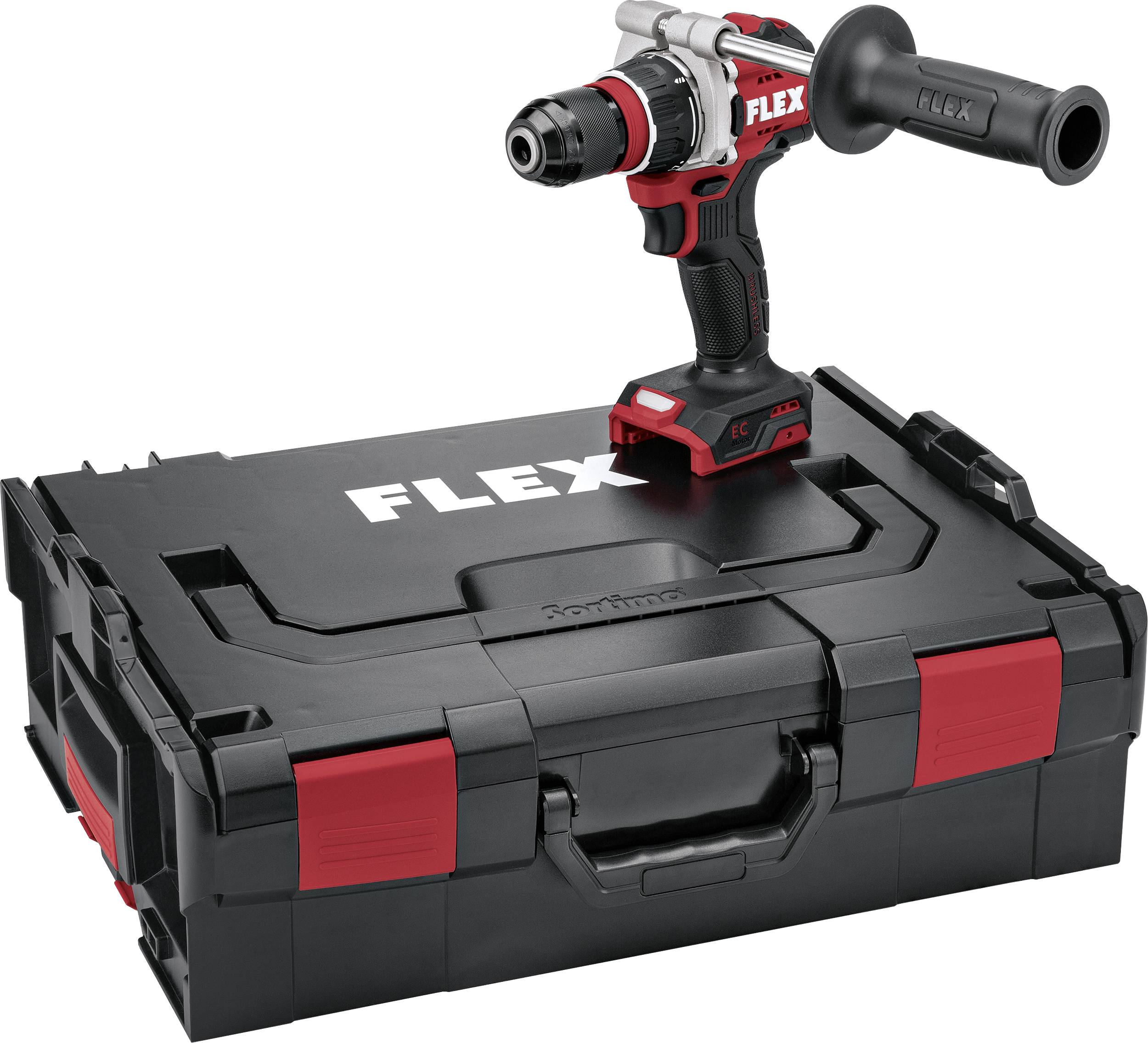 Perceuse-visseuse FLEX sans fil avec poignée latérale posée sur un étui de transport FLEX noir.
