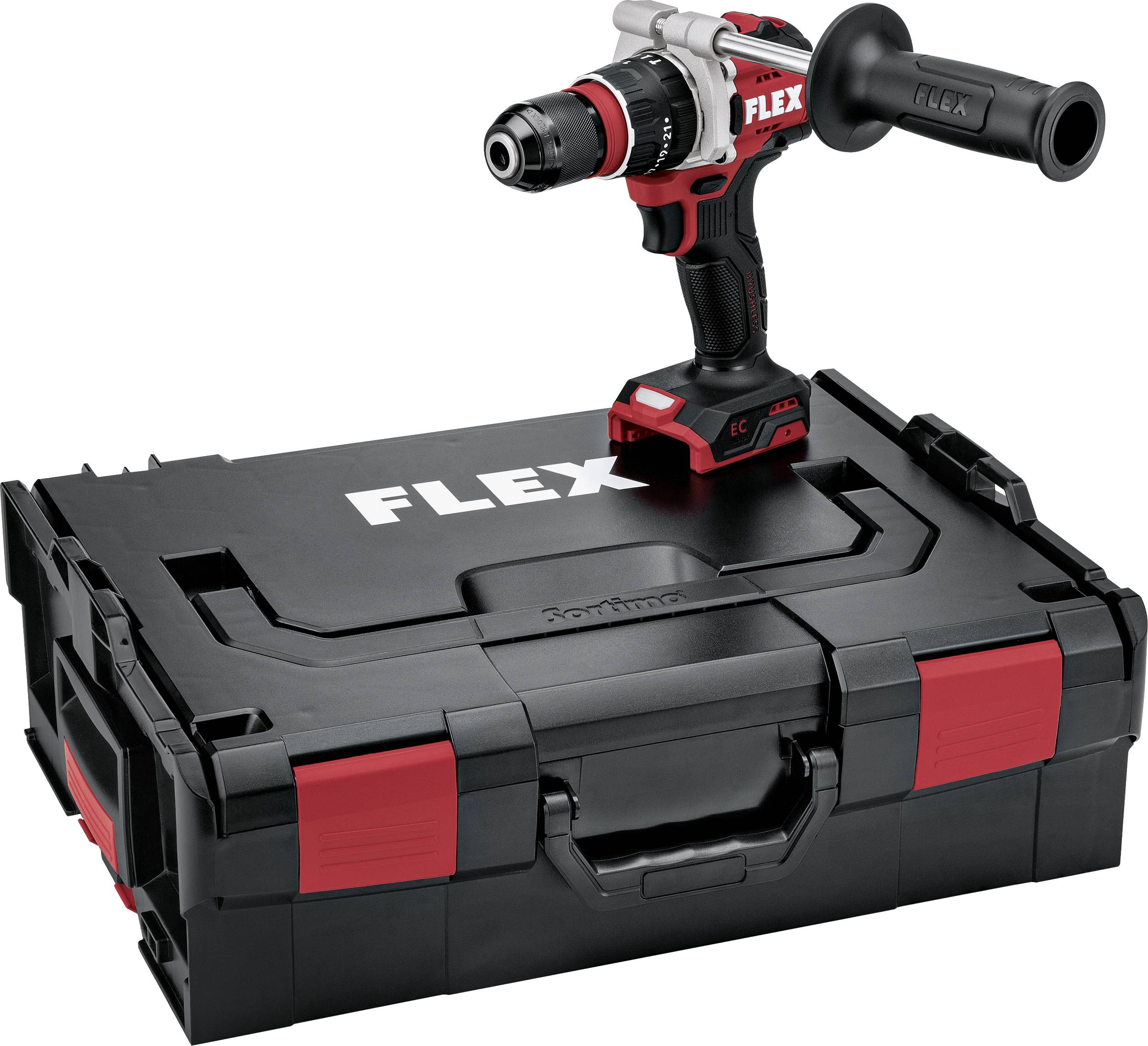 Perceuse sans fil FLEX avec poignée latérale reposant sur un coffret de transport FLEX noir avec des loquets rouges et le logo.
