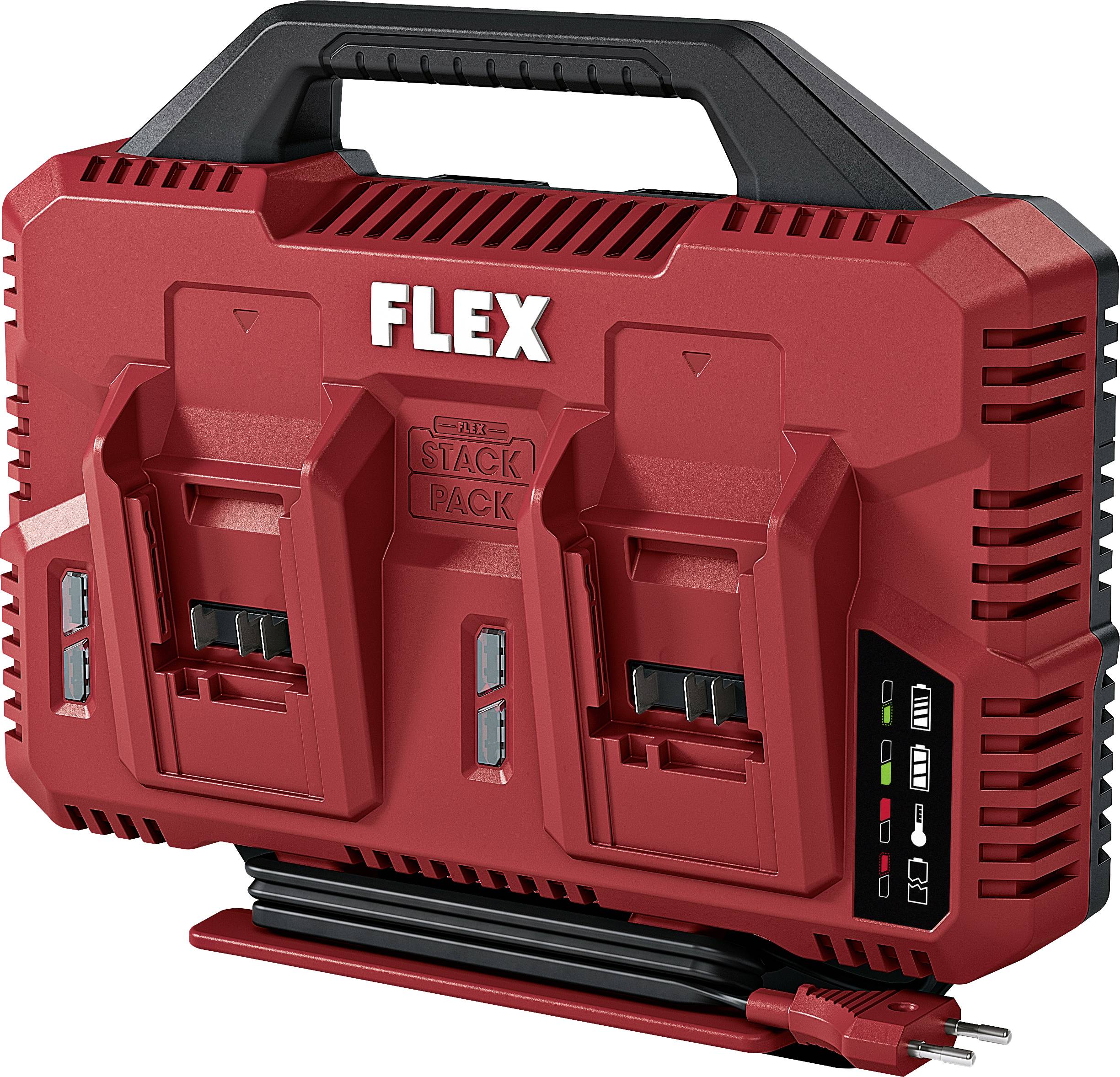 Étui à outils Red FLEX STACK PACK avec poignée noire, évents latéraux, indicateur de charge de batterie et cordon d'alimentation rouge attaché en bas.