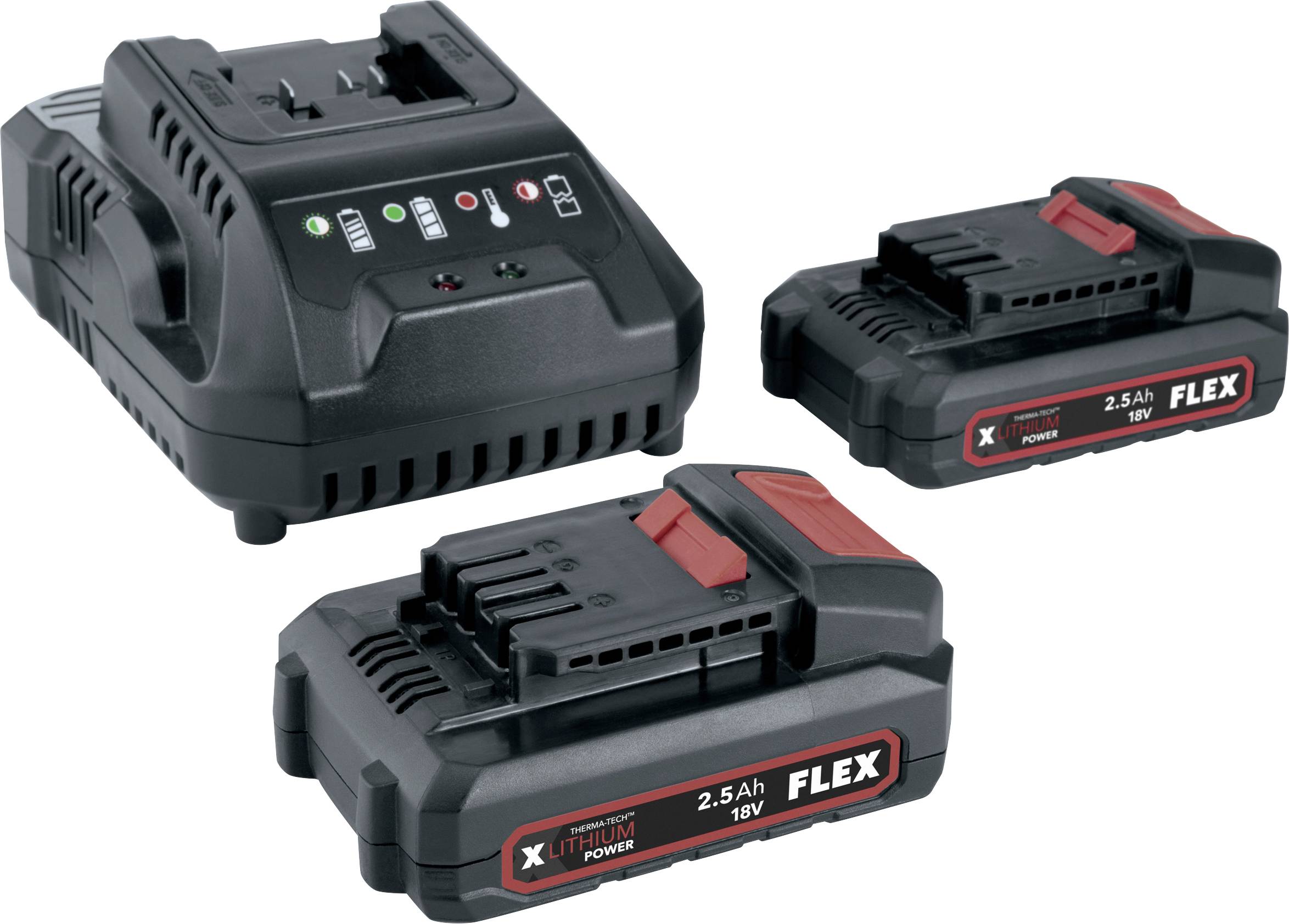 Chargeur de batterie FLEX noir et deux packs de batterie lithium-ion 18V, l'un de 2,5Ah et l'autre de 5,0Ah, présentés sur un fond blanc.