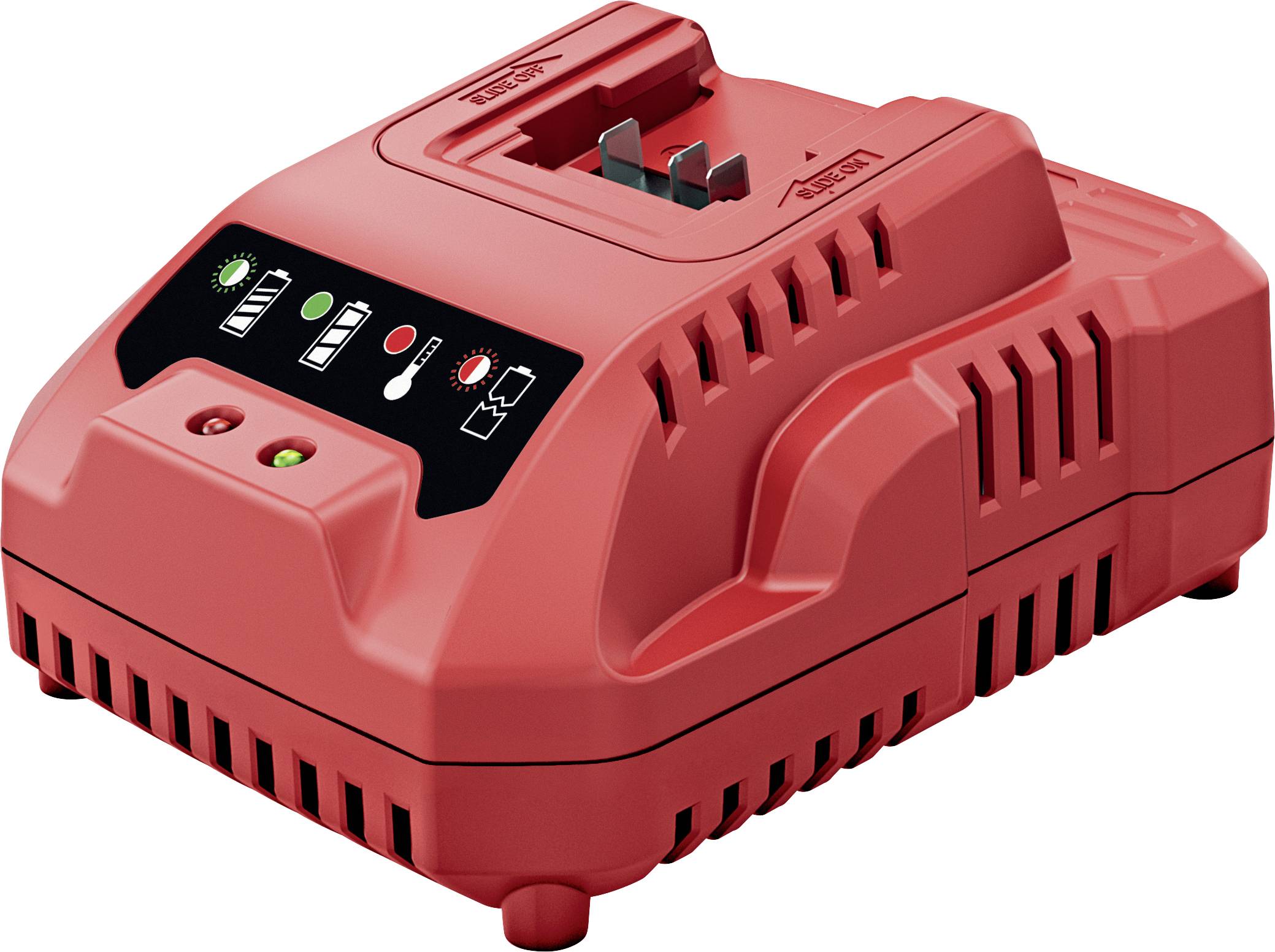 Chargeur de batterie sans fil rouge avec voyants indicateurs, une fente pour batterie montée sur le dessus, et des côtés aérés.