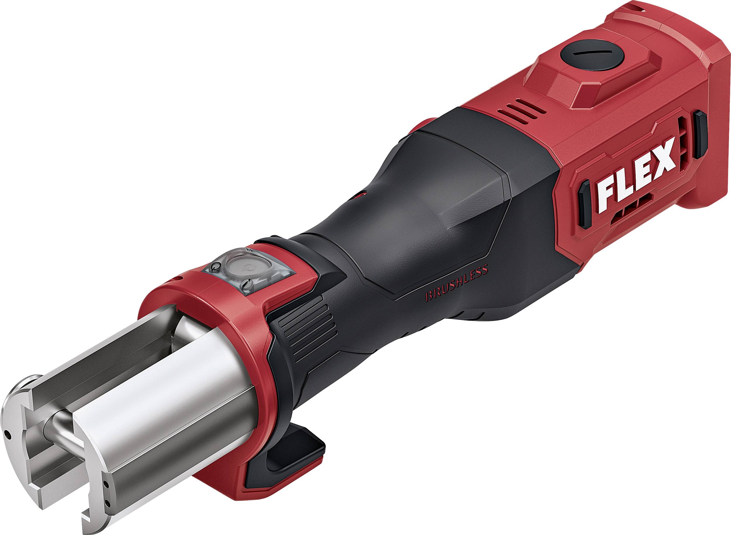 Outil de puissance sans fil FLEX rouge et noir avec une pièce jointe cylindrique argentée à l'avant, présenté sur fond blanc.