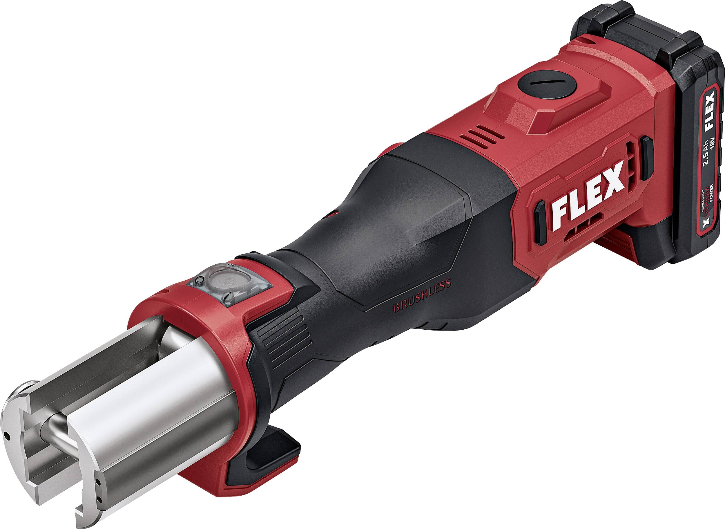 Outil de coupe portatif sans fil FLEX avec une tête métallique cylindrique et un corps rouge-noir, présenté sur un fond blanc.