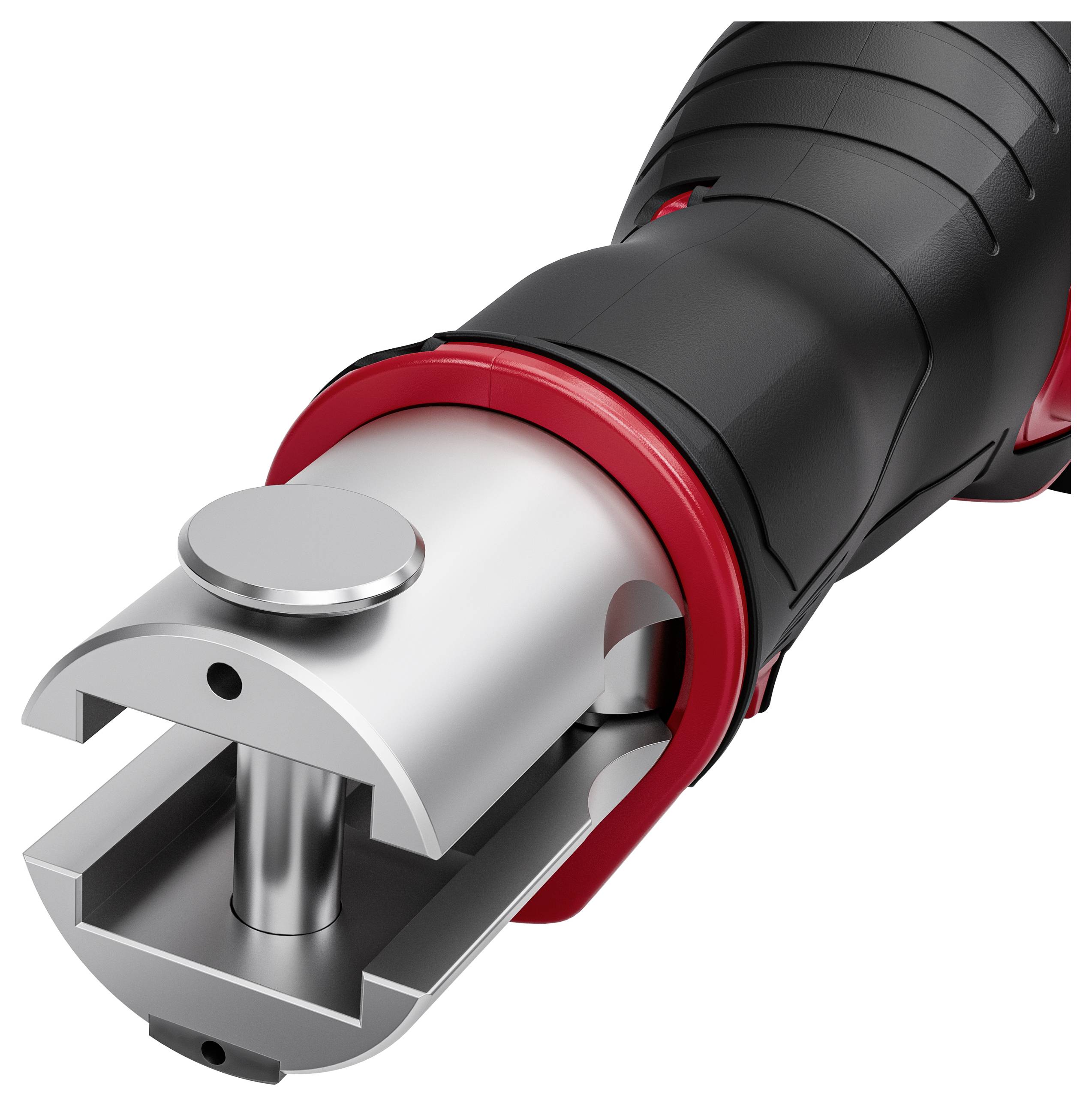 Gros plan d'une fiche de connecteur électrique robuste avec des contacts métalliques et un boîtier isolant noir et rouge.