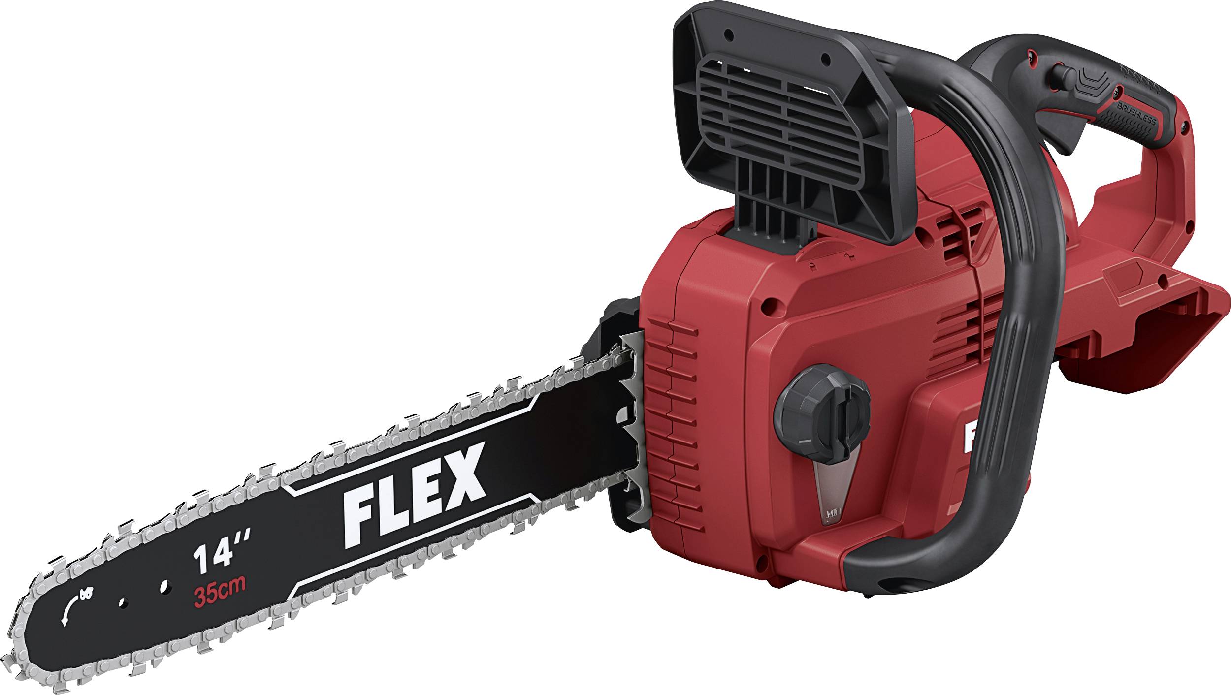 Tronçonneuse FLEX 14 pouces rouge et noire présentée sur un fond blanc.
