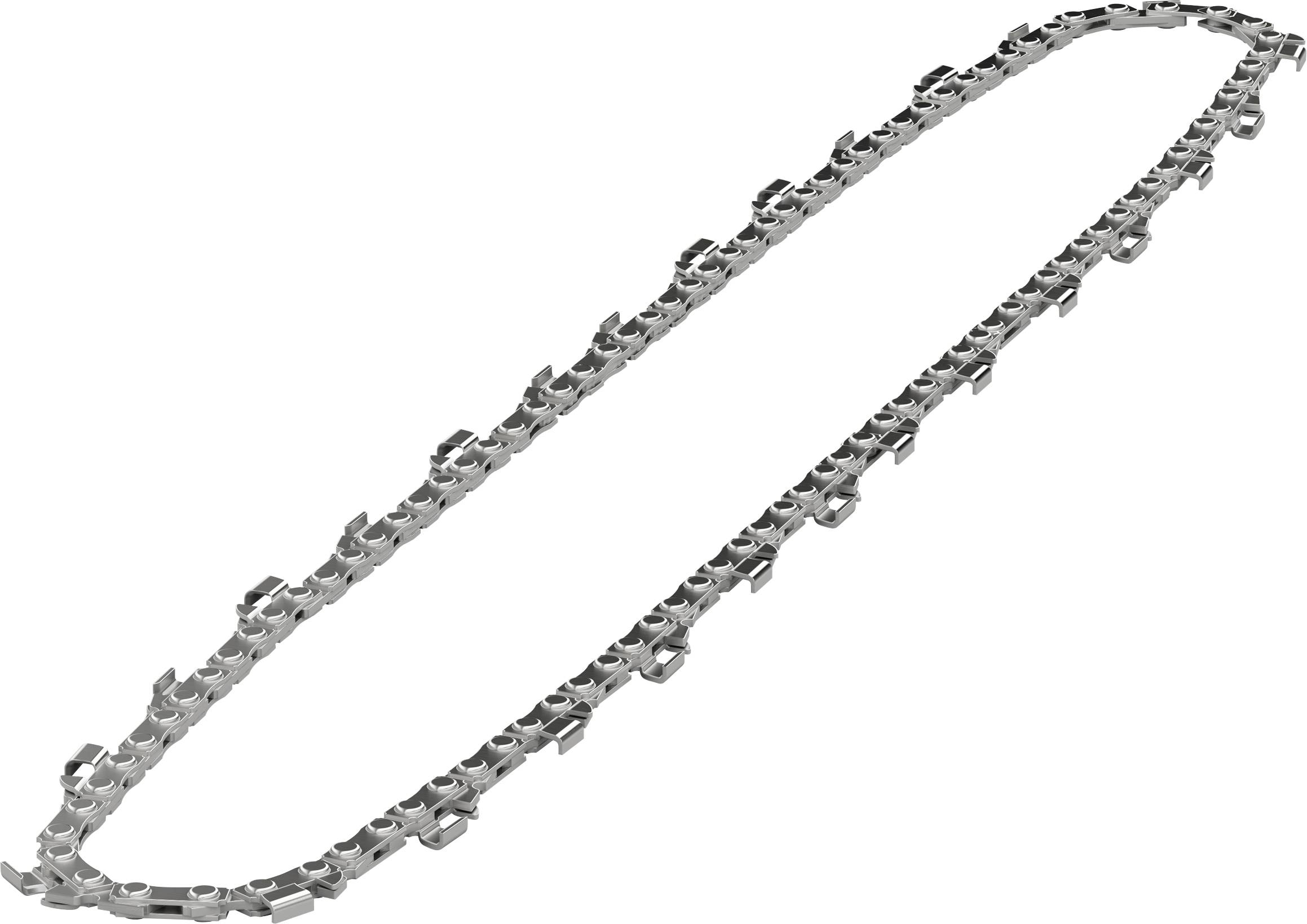 Chaîne à rouleaux en argent formant une boucle fermée de forme ovale allongée, présentée isolée sur un fond blanc.