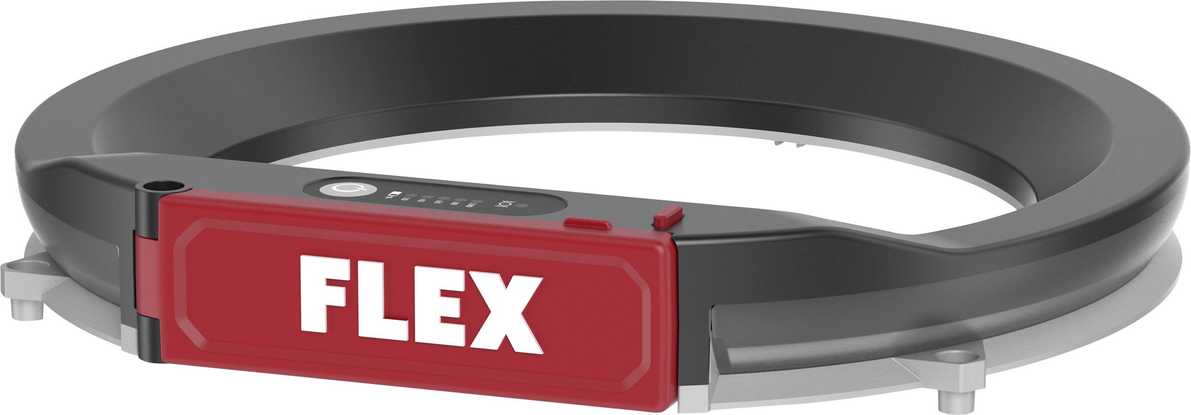Lampe LED Red FLEX à pince, présentée dans un design de bague ouverte circulaire avec le logo « FLEX » sur la face avant.