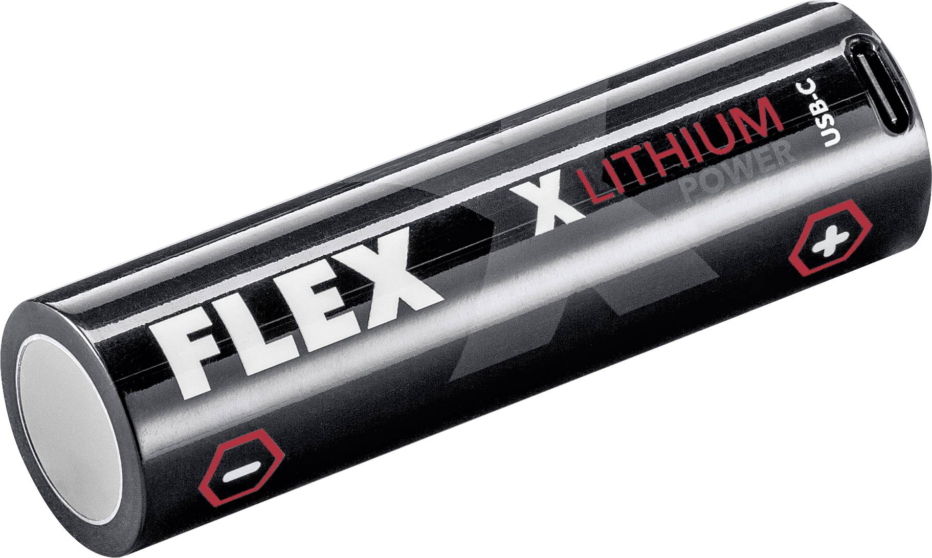 Pack de batterie lithium USB-C FLEX X noir montré sur une photo de produit, avec des marquages de polarité plus et moins rouge.