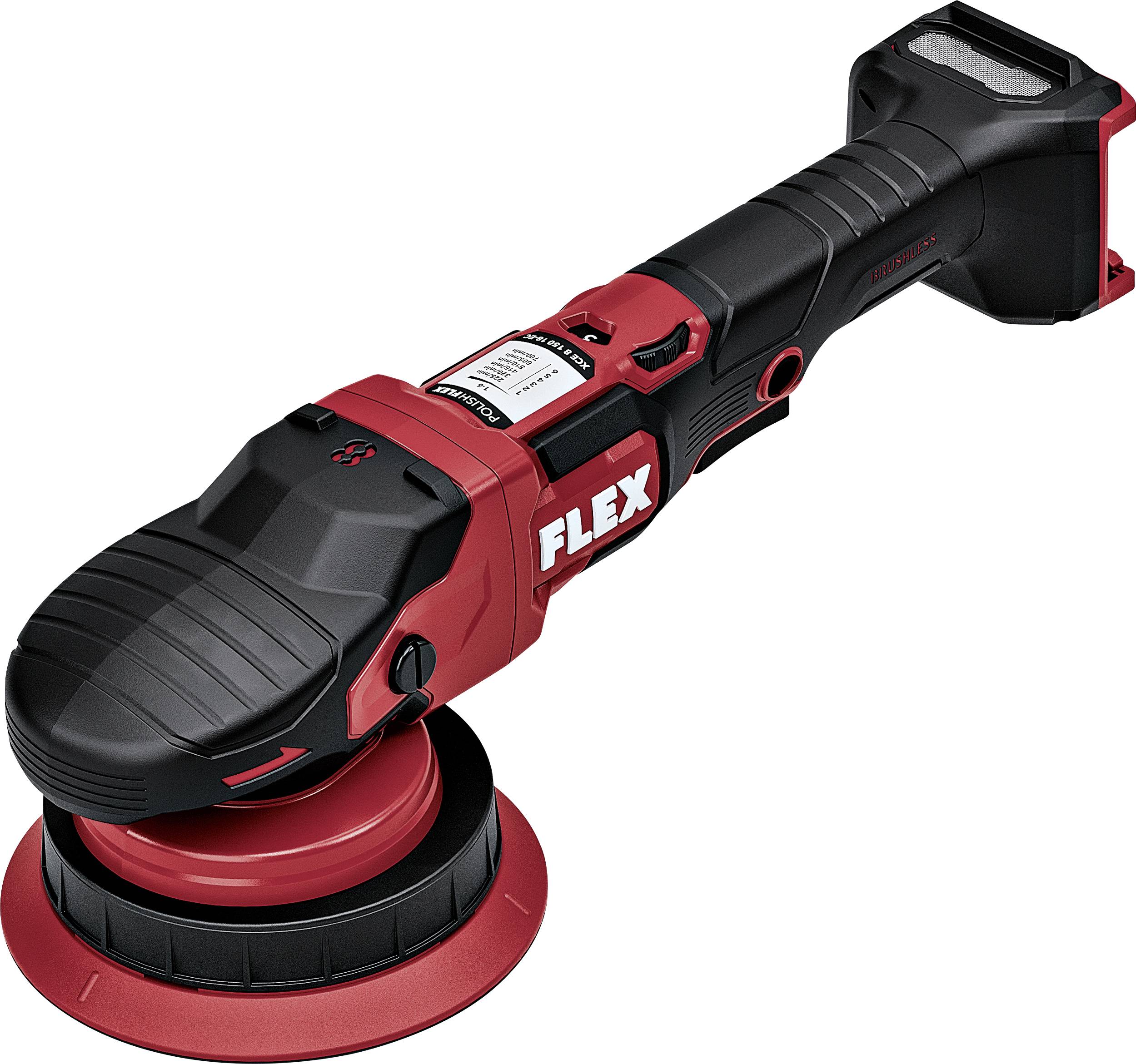 Outil électroportatif sans fil FLEX rouge et noir avec disque de ponçage/polissage rond, présenté sur un fond blanc.
