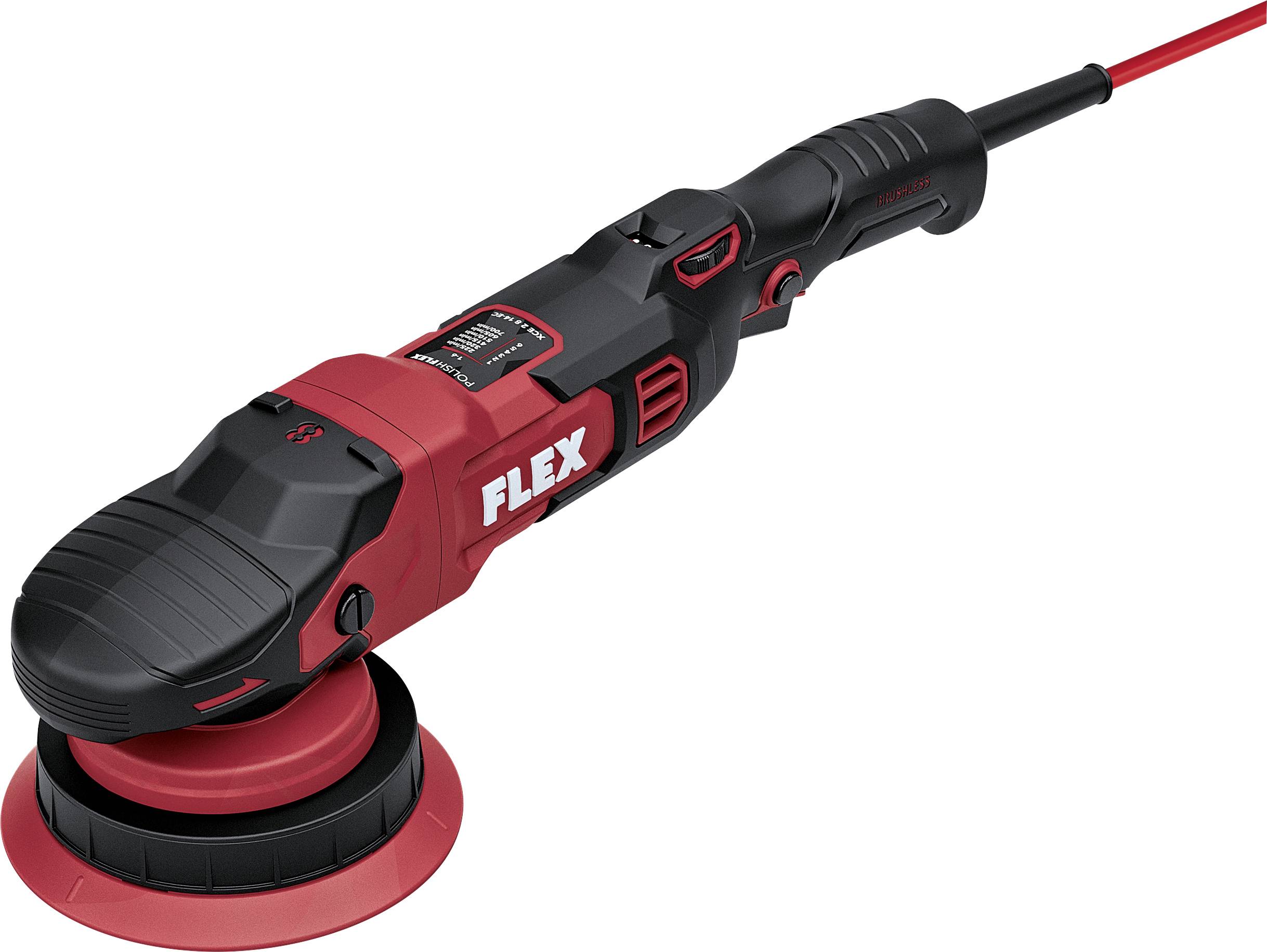 Ponceuse polisseuse électrique FLEX rouge et noire avec base ronde, présentée sur un fond blanc.