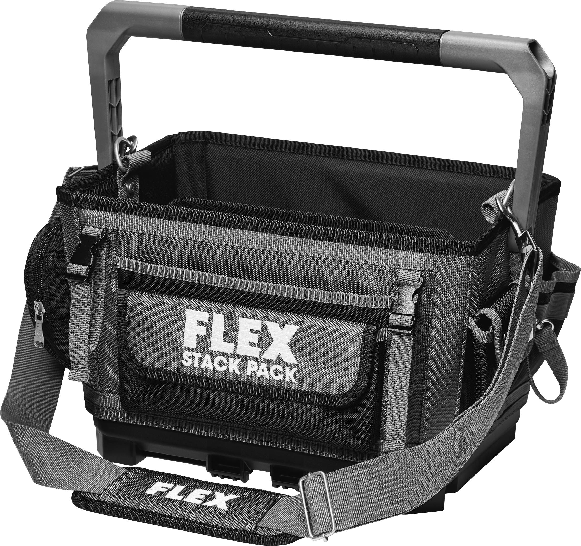 Sac à outils Black FLEX Stack Pack avec poignée rigide, sangle d'épaule et plusieurs poches extérieures sur fond blanc.