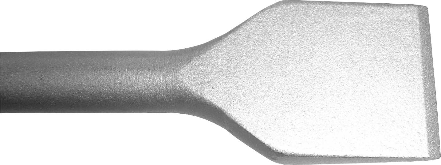 Ciseau ou racloir en métal argenté avec une lame plate et large et un long manche, montré sur un fond blanc.