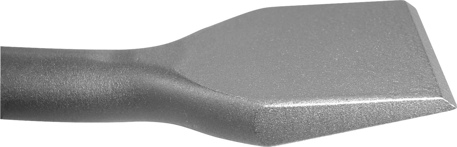Un burin plat en métal ou un outil en forme de coin avec une lame effilée et pointue et un manche texturé gris, présenté sur un fond blanc.