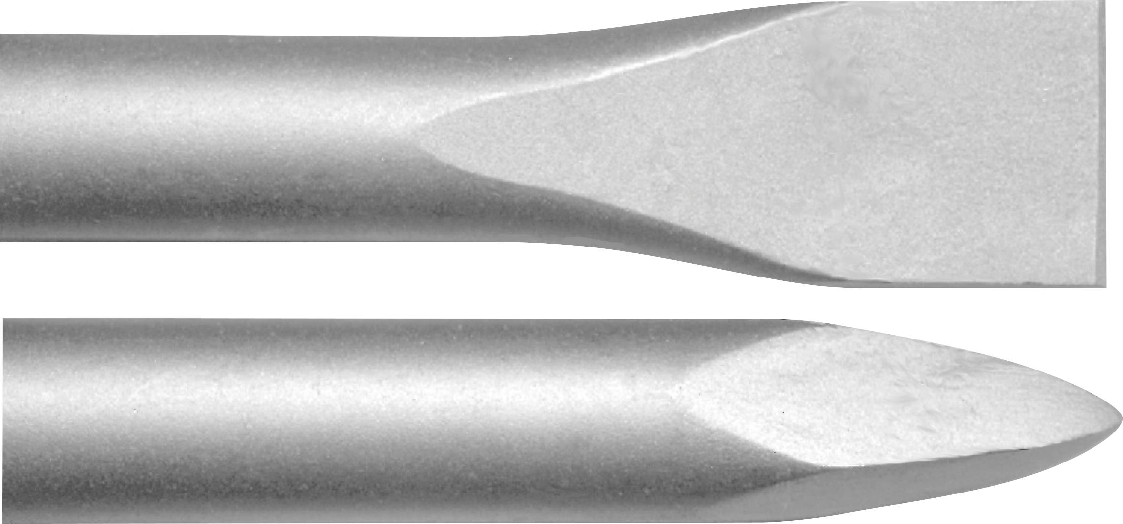 Deux outils cylindriques métalliques présentés côte à côte : le supérieur a une pointe en forme de coin plat, l'inférieur a une pointe en forme de burin pointu.