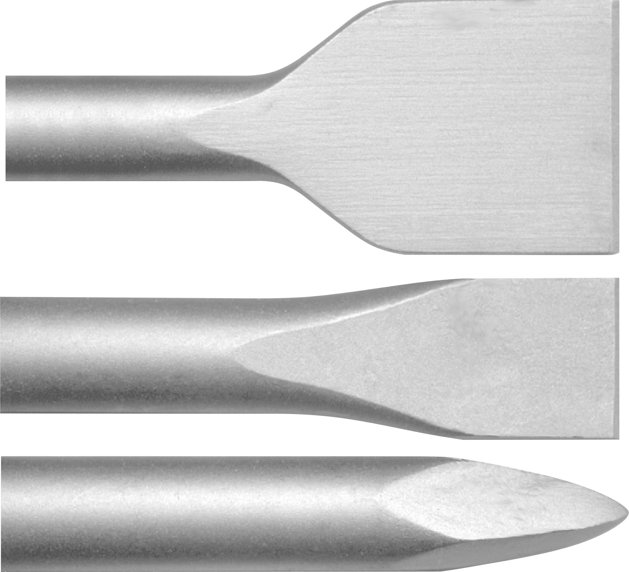 Trois pointes d'outils métalliques présentées de profil, illustrant différentes formes d'extrémité de ciseau ou de poinçon : plate et large, effilée et angulaire, et arrondie pointue.