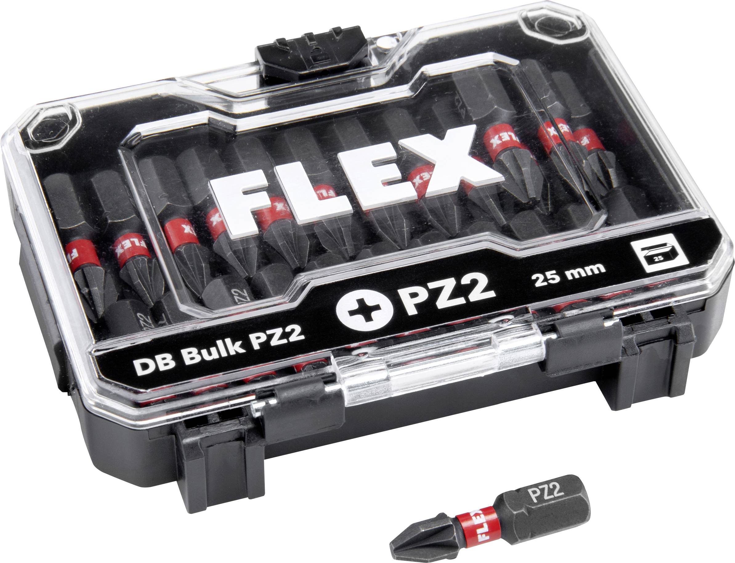 Ensemble de bits de tournevis PZ2 25 mm FLEX DB Bulk dans un étui de rangement en plastique transparent, avec un bit PZ2 montré à l'extérieur de la boîte.