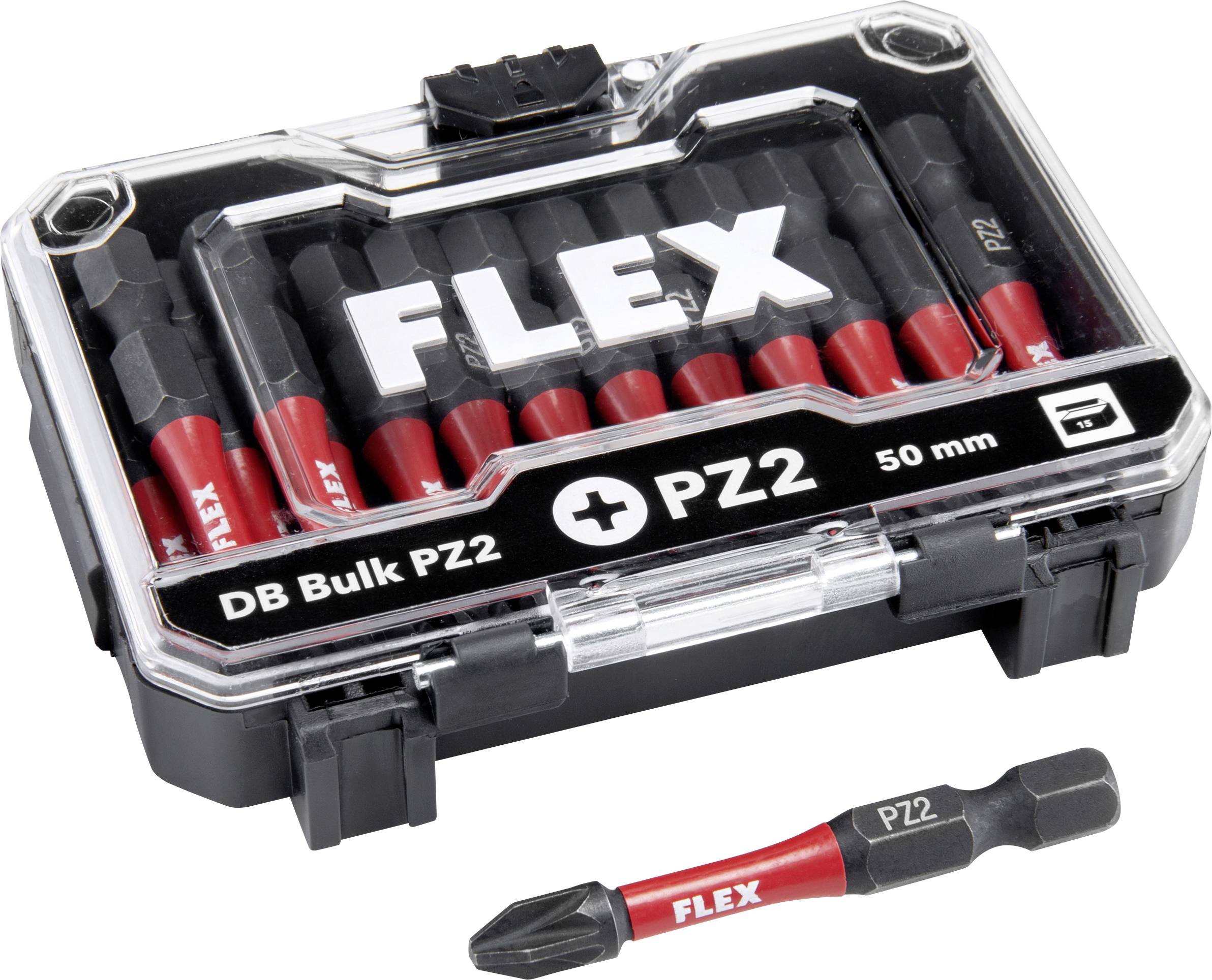 Jeu de embouts de tournevis PZ2 50 mm FLEX DB Bulk dans un étui en plastique transparent, avec un embout PZ2 montré en dehors de l'étui.