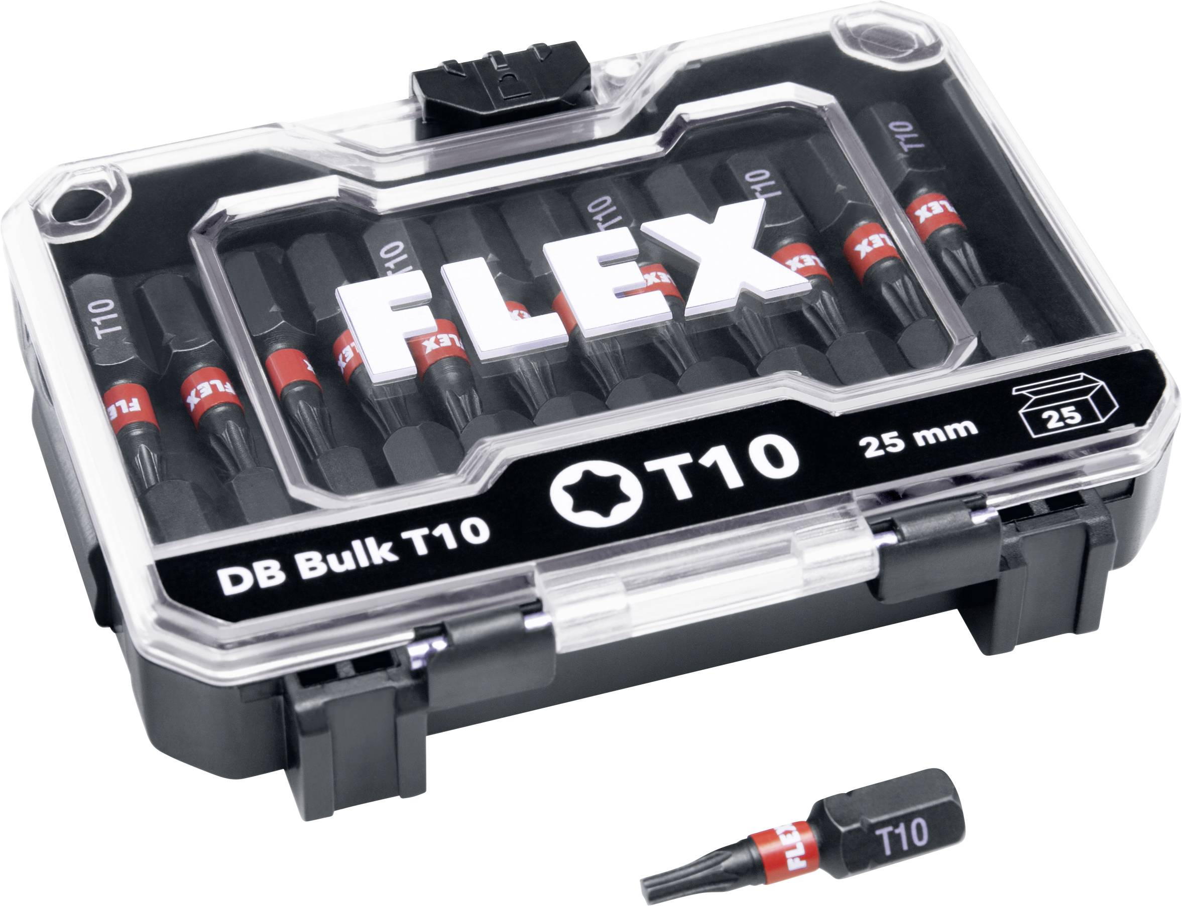 Un ensemble de bits de sécurité Torx T10 dans un boîtier en plastique transparent étiqueté 'FLEX', 'DB Bulk T10', et '25 mm', avec un bit montré en dehors du boîtier.