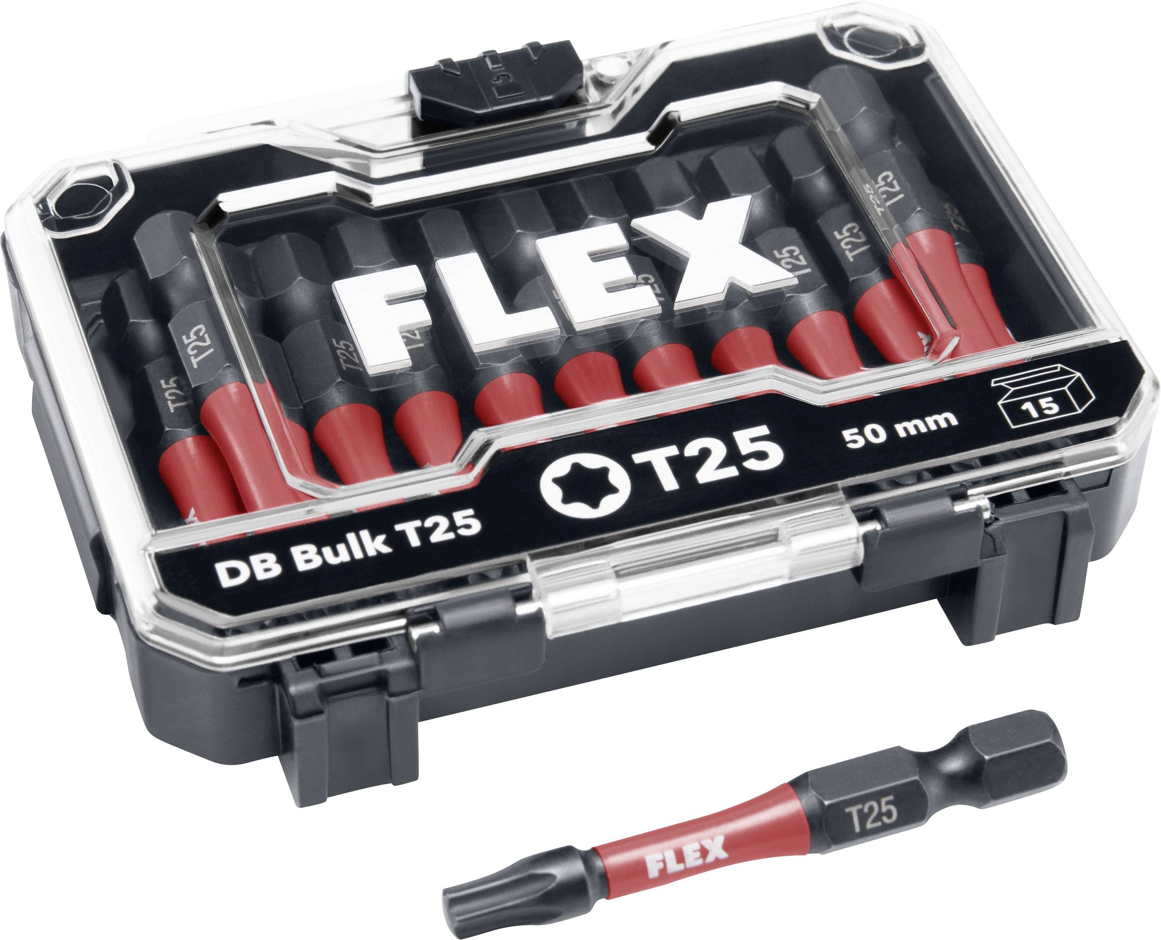 Boîtier de rangement en plastique de bits de tournevis FLEX T25, étiqueté « DB Bulk T25 » et « T25 50 mm », avec un bit T25 détaché montré ci-dessous.