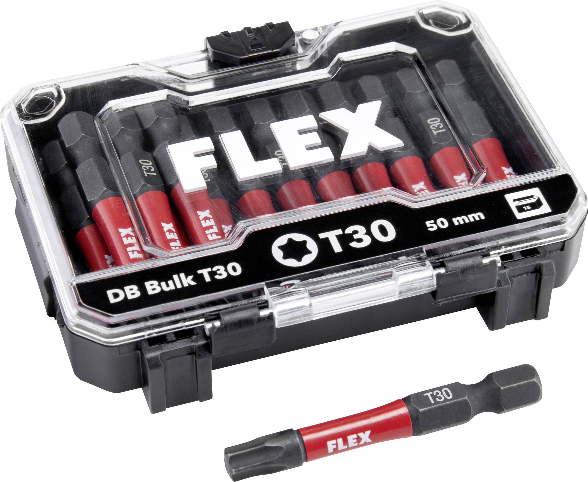 Ensemble de forets Torx T30 50 mm FLEX DB Bulk dans un boîtier de rangement transparent, avec un foret T30 affiché en dehors du boîtier.