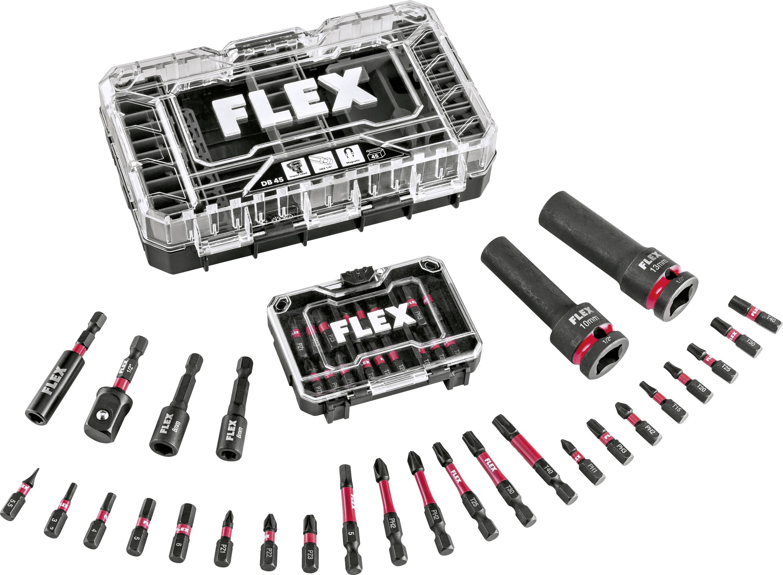 Ensemble de douille et de embout de tournevis de marque FLEX dans deux boîtiers en plastique avec plusieurs adaptateurs et embouts disposés sur un fond blanc.