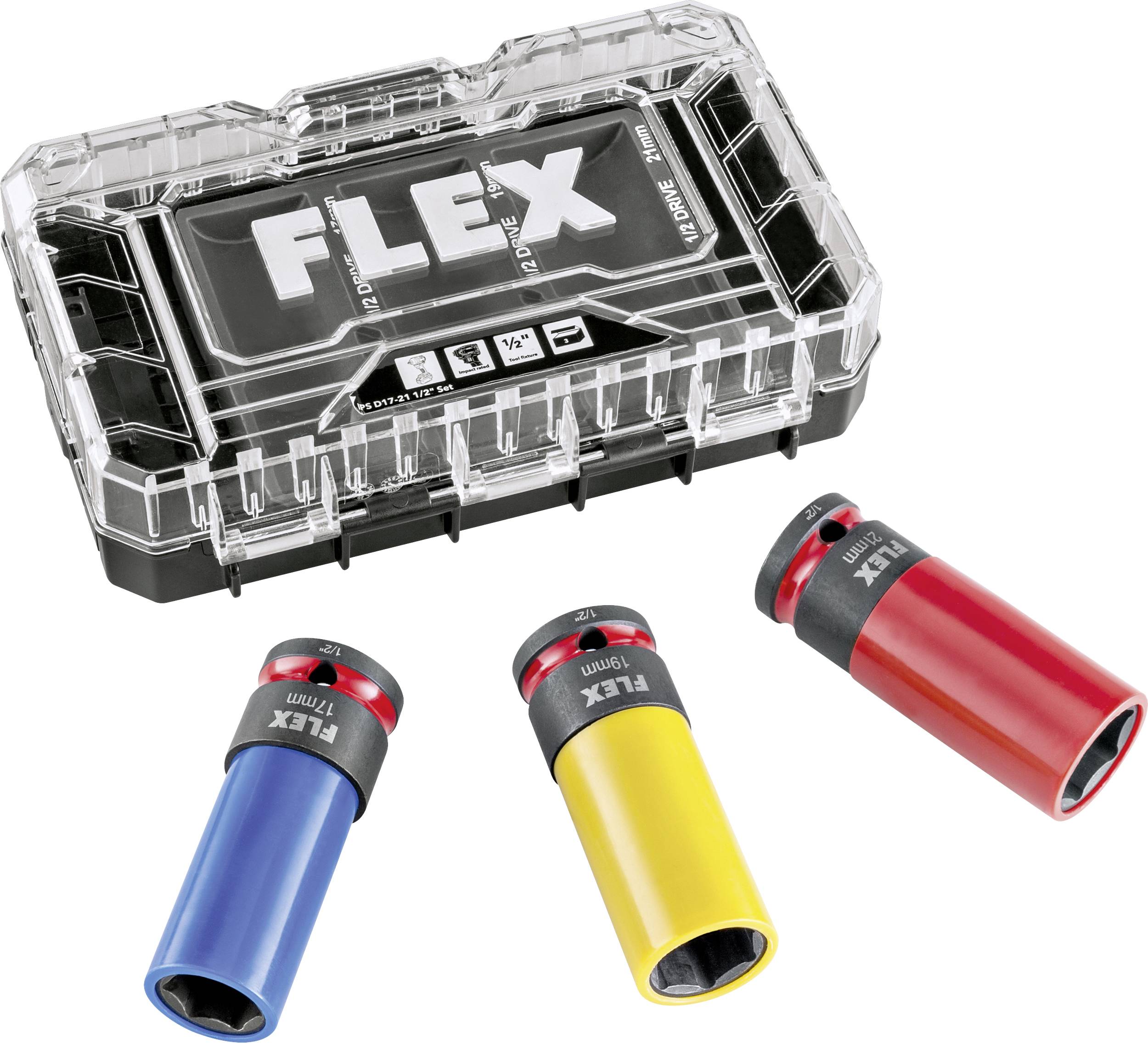 Étui de rangement transparent FLEX pour forets avec trois adaptateurs de douilles ou porte-embouts codifiés par couleur en bleu, jaune et rouge.