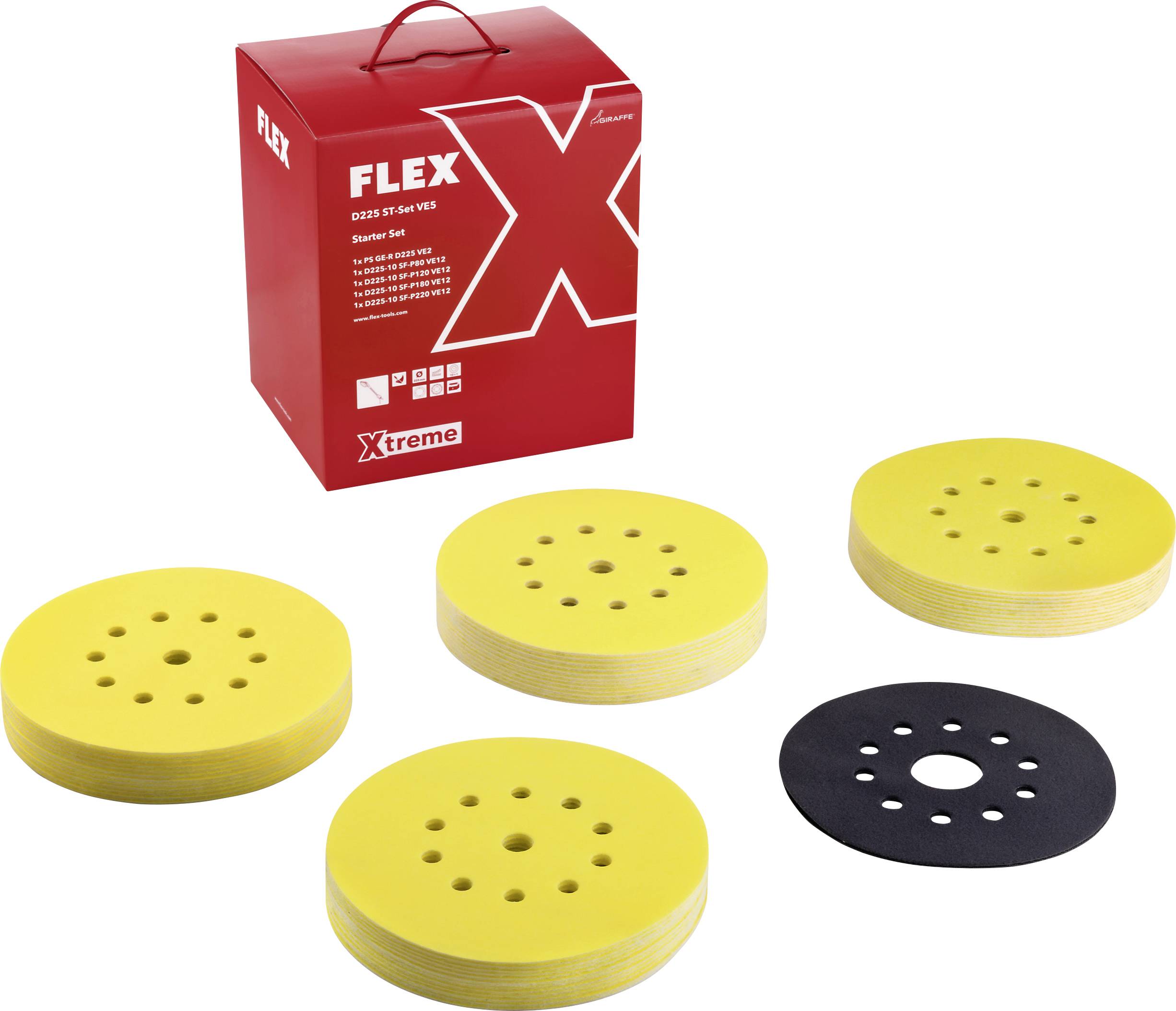 Boîte d'ensemble de démarrage Red FLEX Xtreme avec cinq disques de ponçage ronds, quatre jaunes et un noir, arrangés sur un fond blanc.