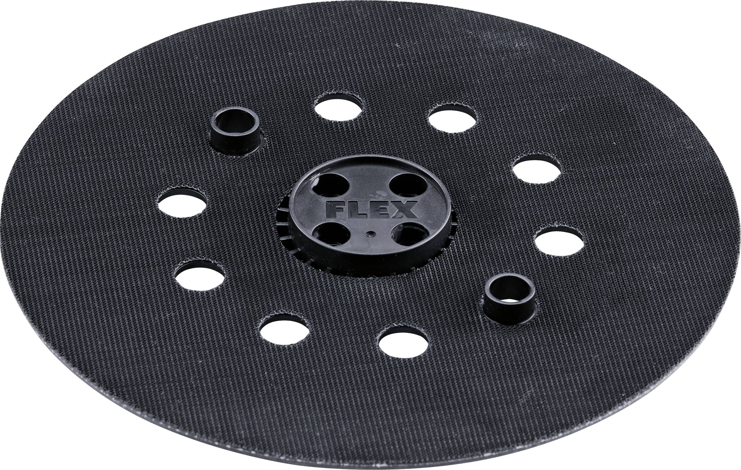 Plateau FLEX circulaire noir avec plusieurs trous de vide et un moyeu de montage central pour une ponceuse.