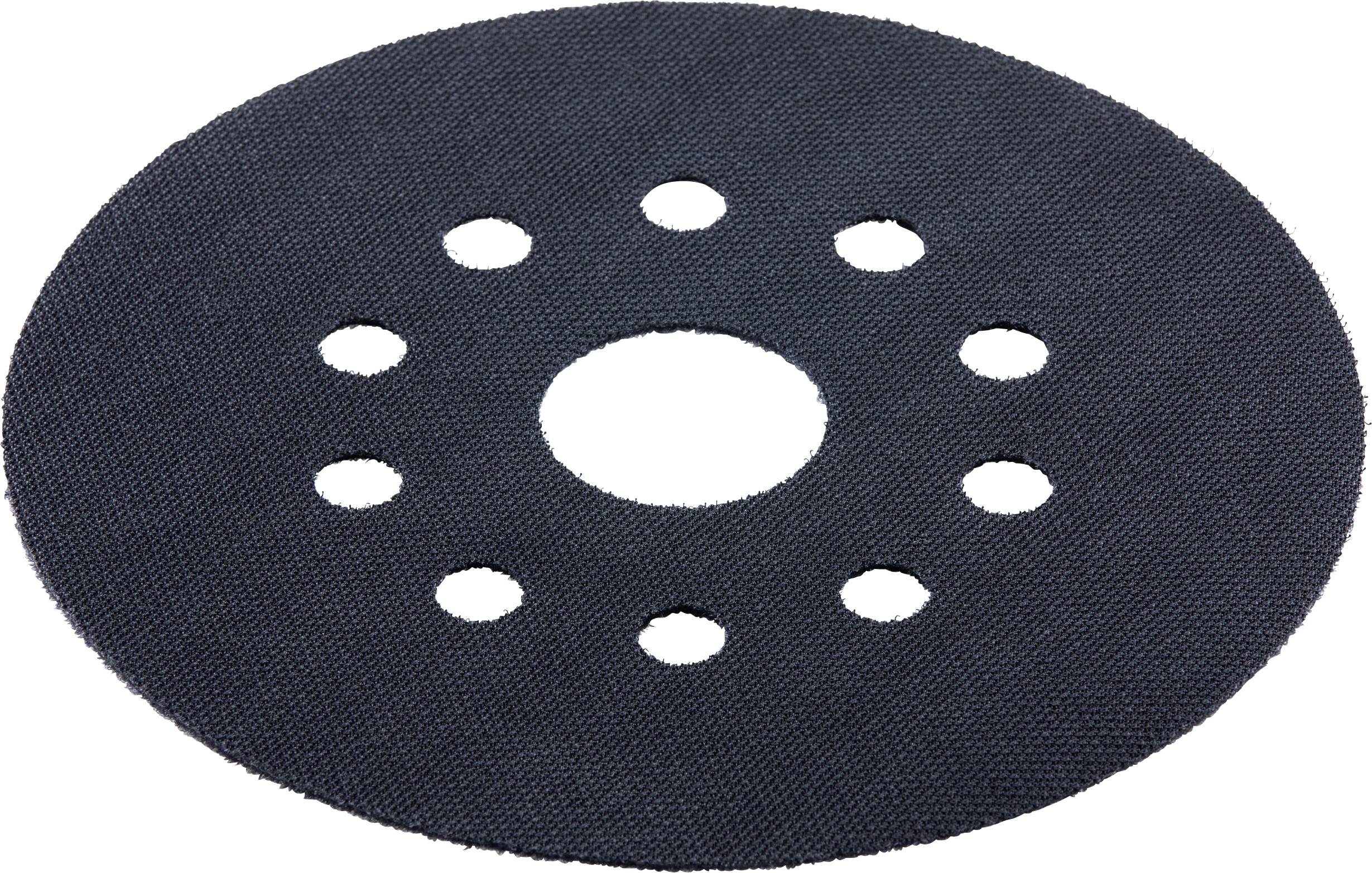 Disque de ponçage abrasif circulaire noir avec un trou central et huit petits trous disposés autour de celui-ci